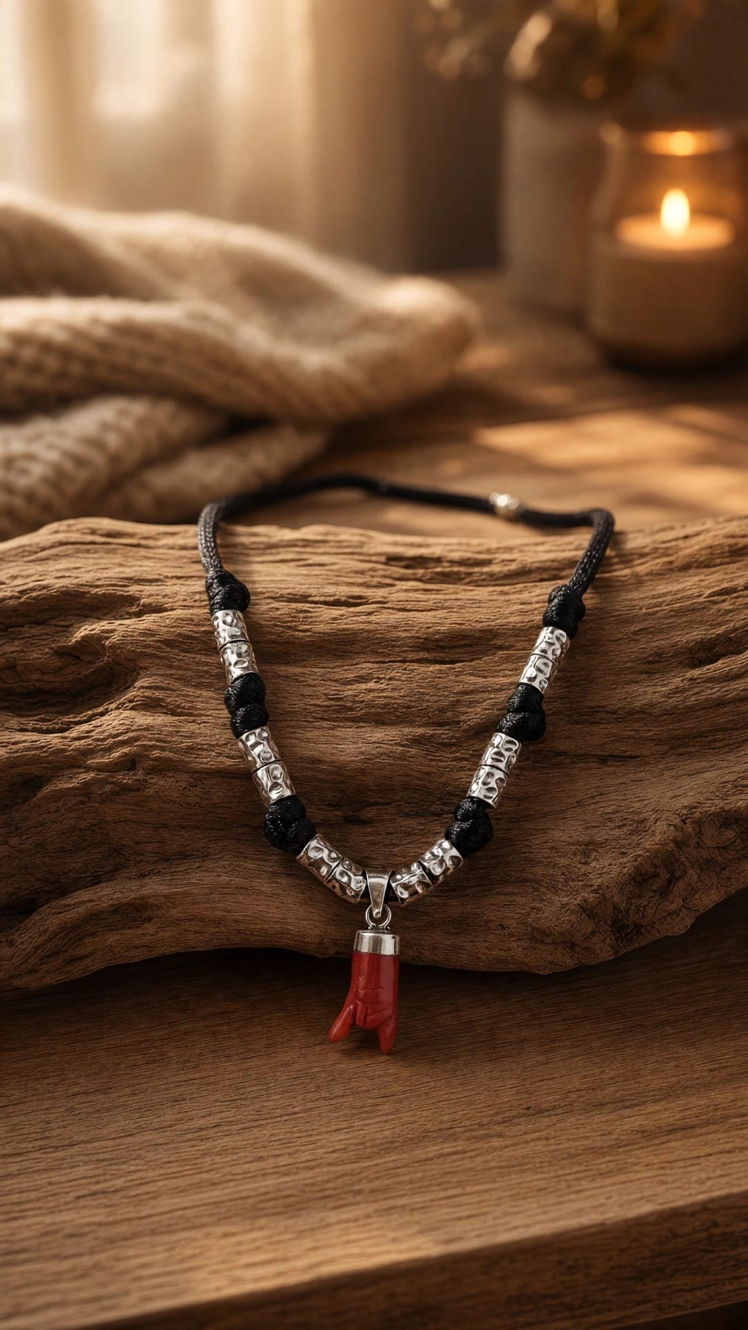 Collier corail corse pendentif argent 925 et breloque noire