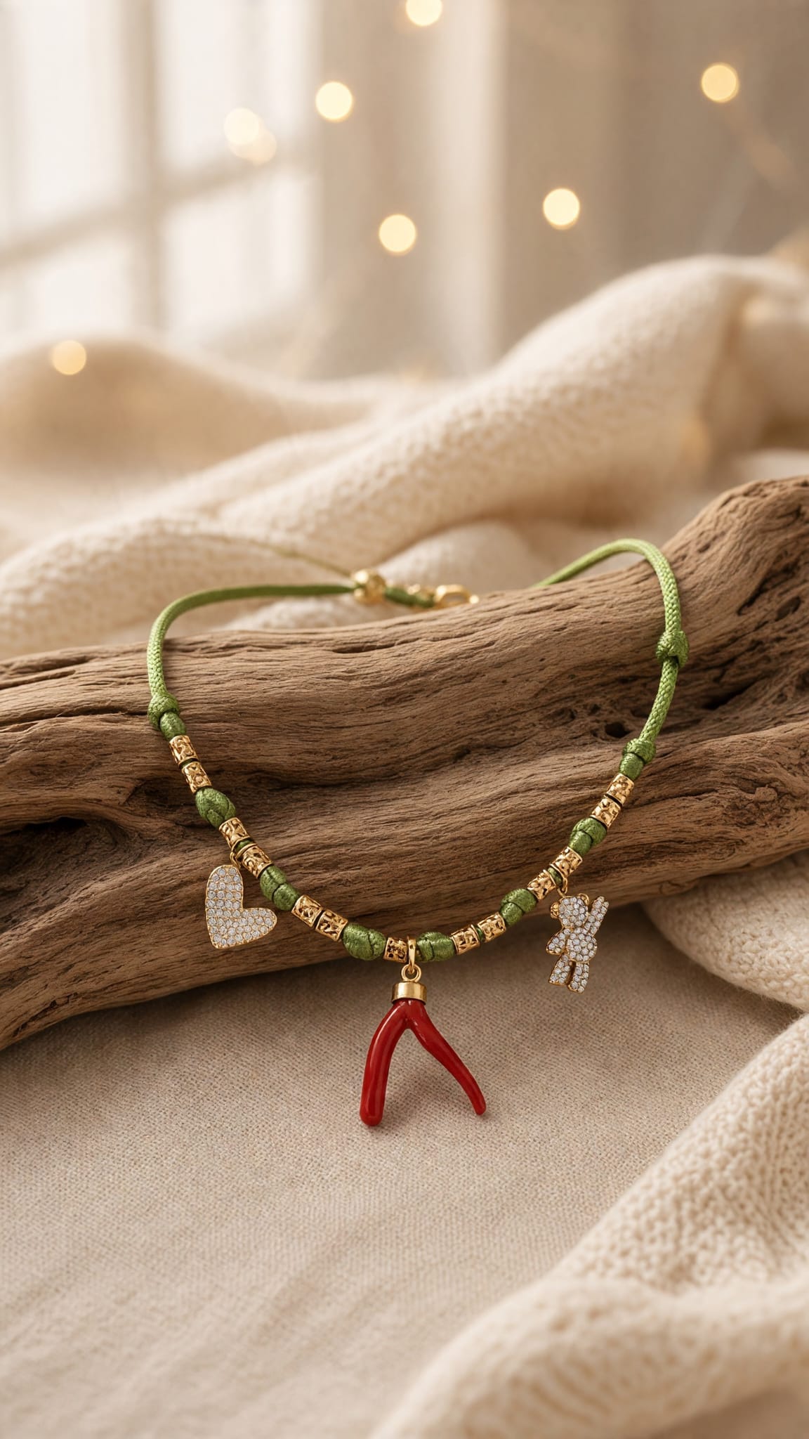 Collier femme en corail rouge et breloques vertes et argentées