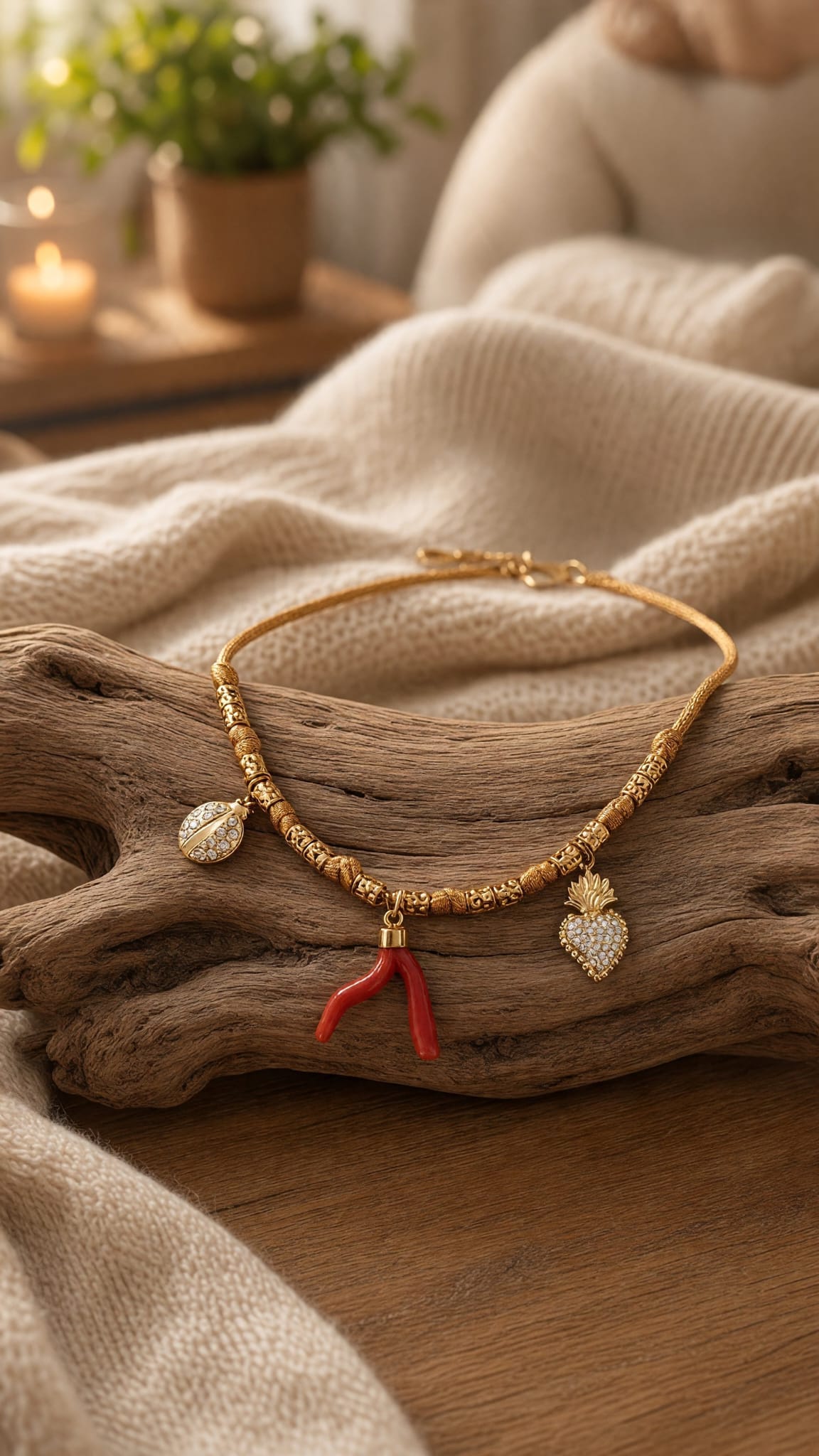 Collier femme en corail rouge et breloques dorées