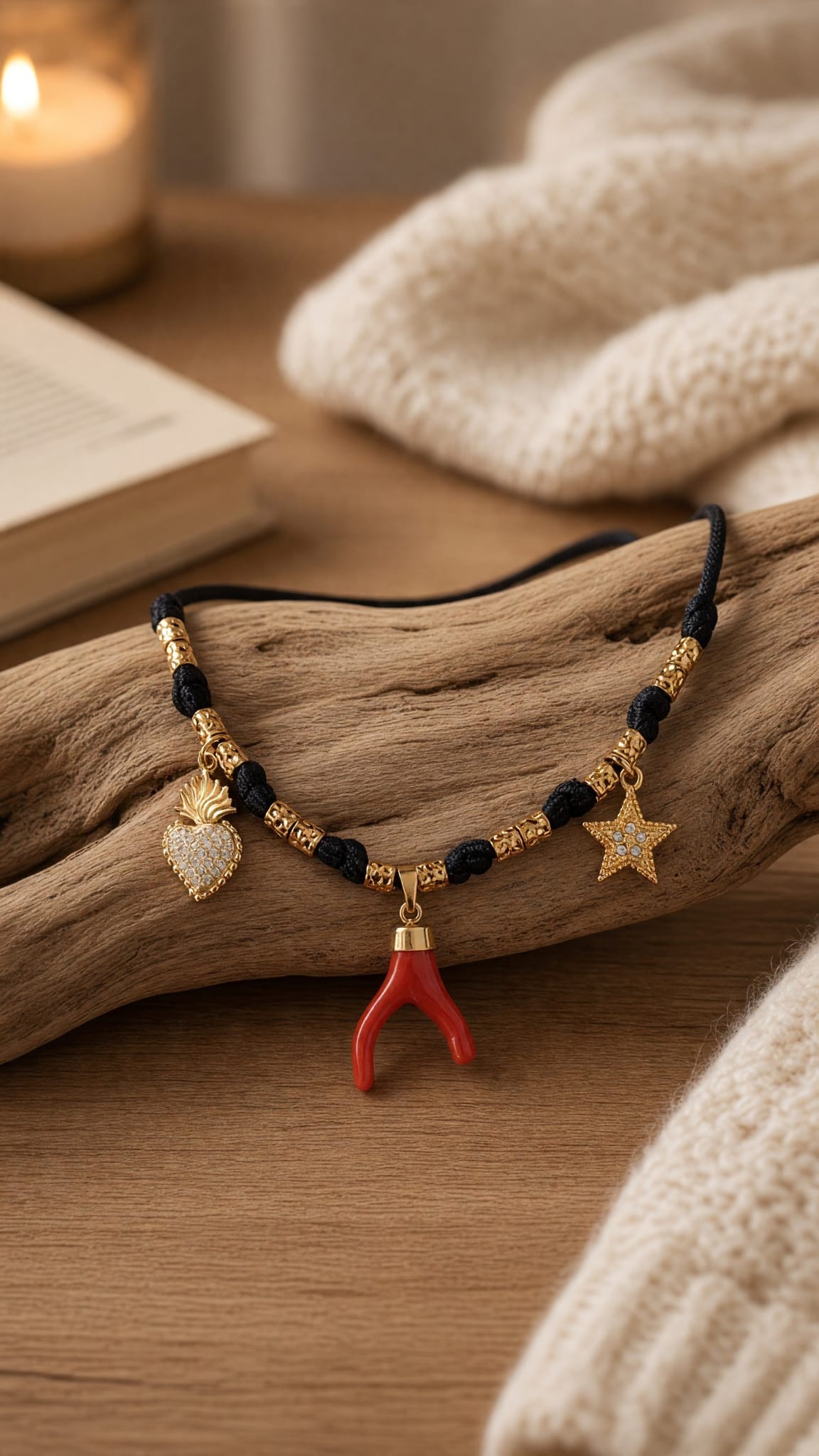 Collier femme en corail rouge et breloques noires