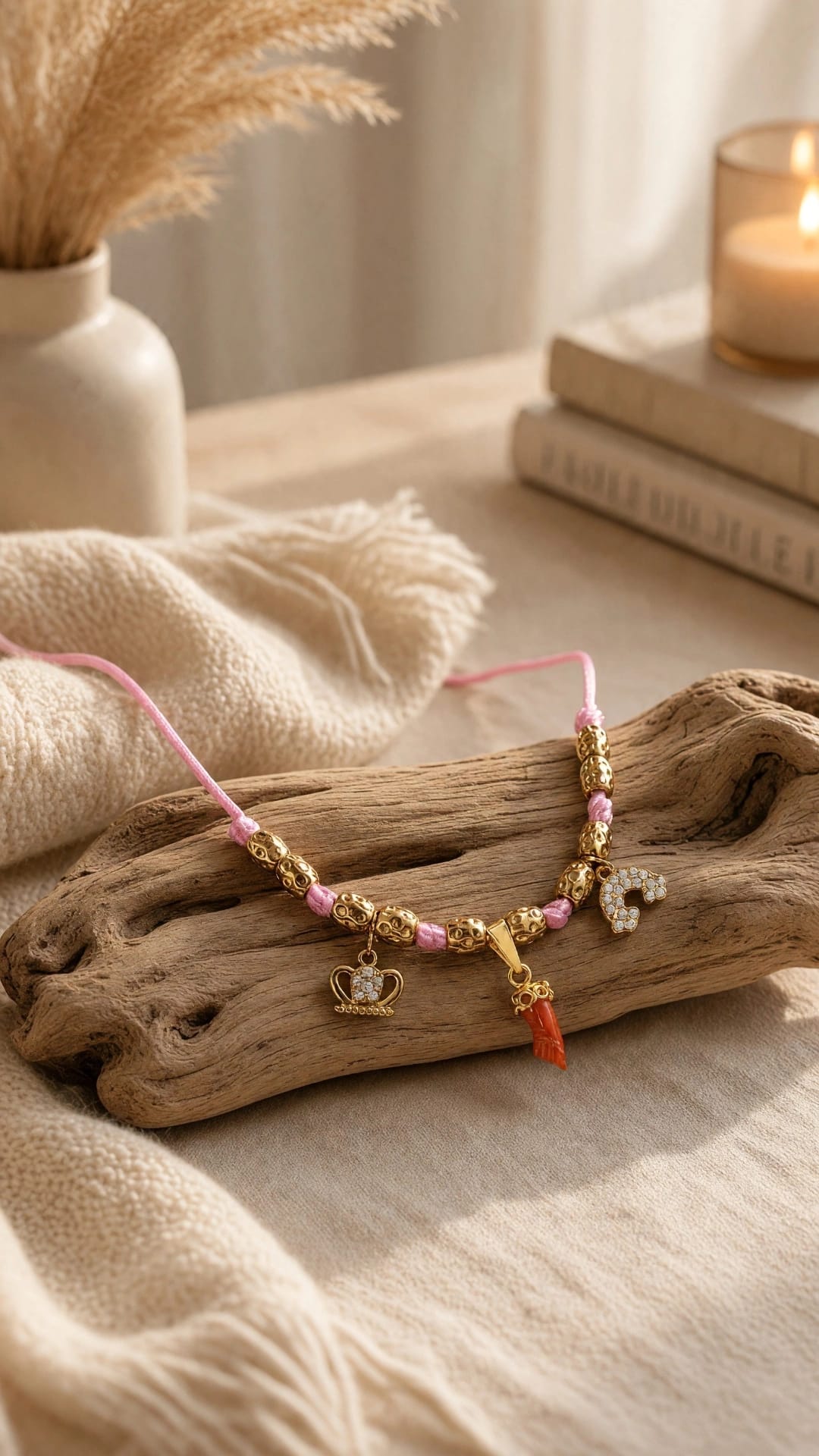 Collier enfant main corse en corail rouge et breloques dorées et roses