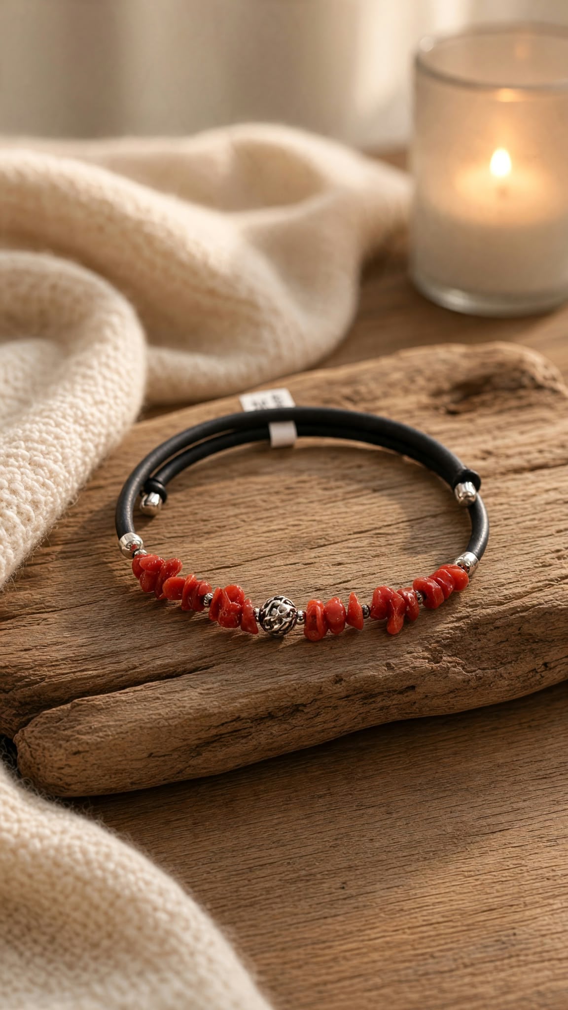 Jonc caoutchouc argent et corail rouge