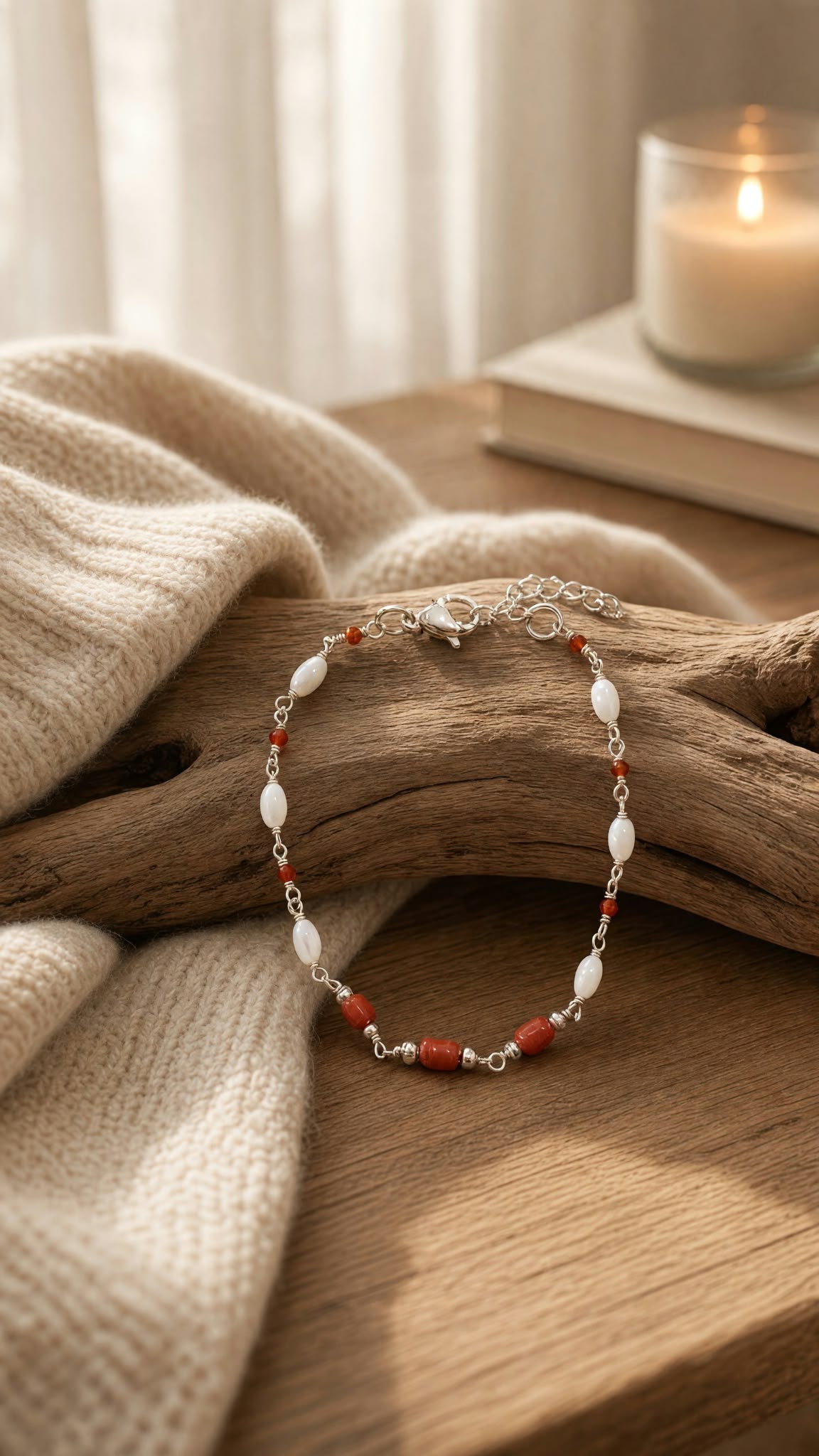 Bracelet femme corail rouge nacre et argent 925