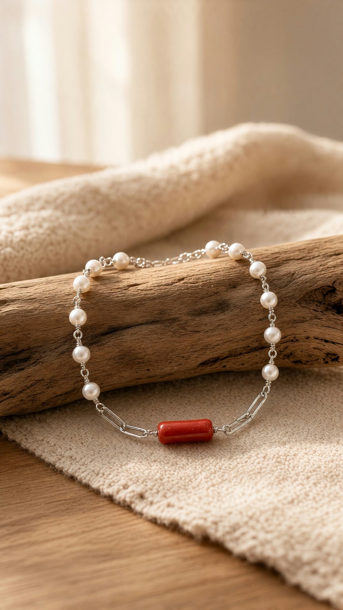 Bracelet corail Corallium rubrumet perle argent 925