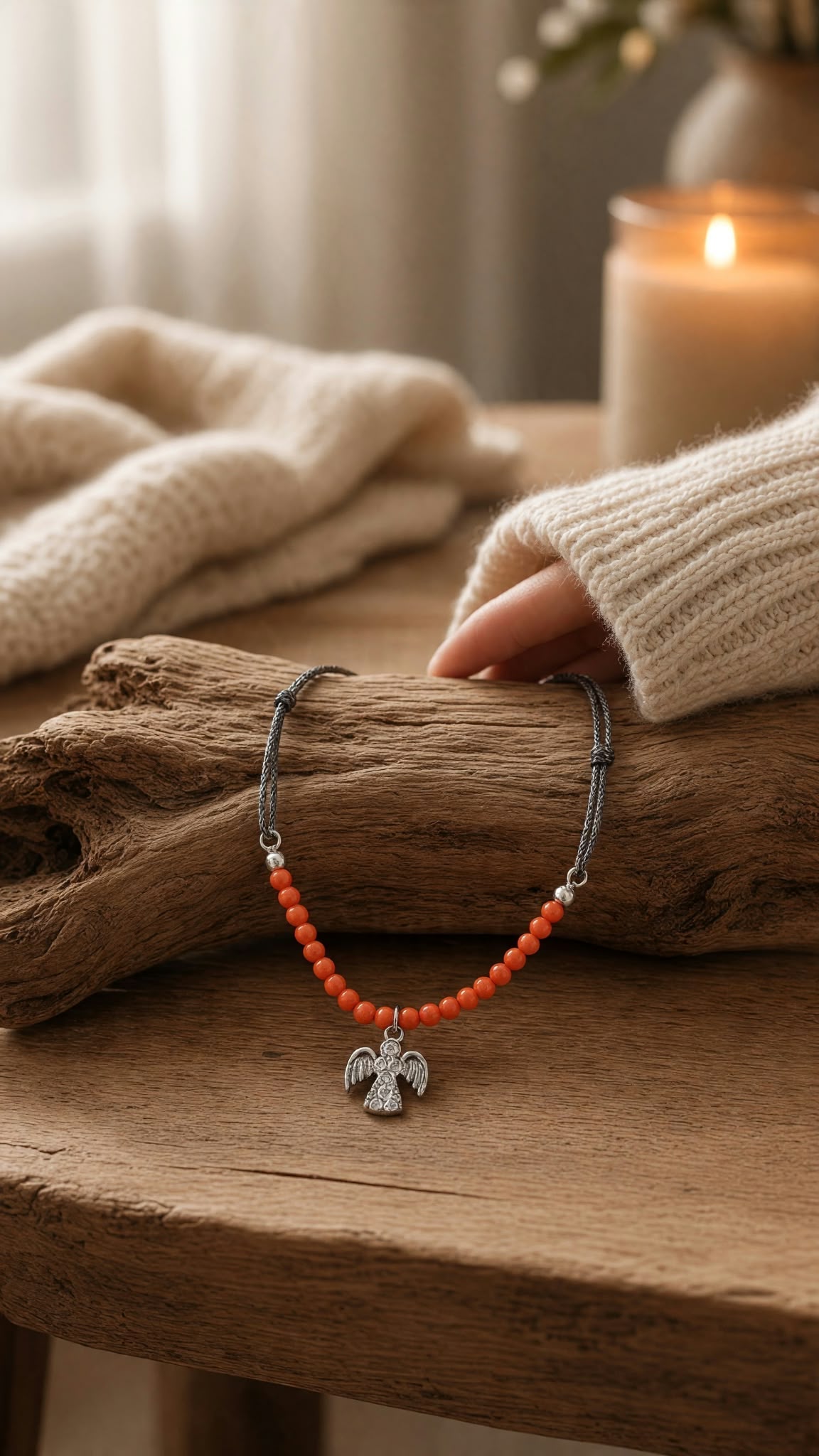 Bracelet cordon noir pailleté argent 925 corail véritable oiseau