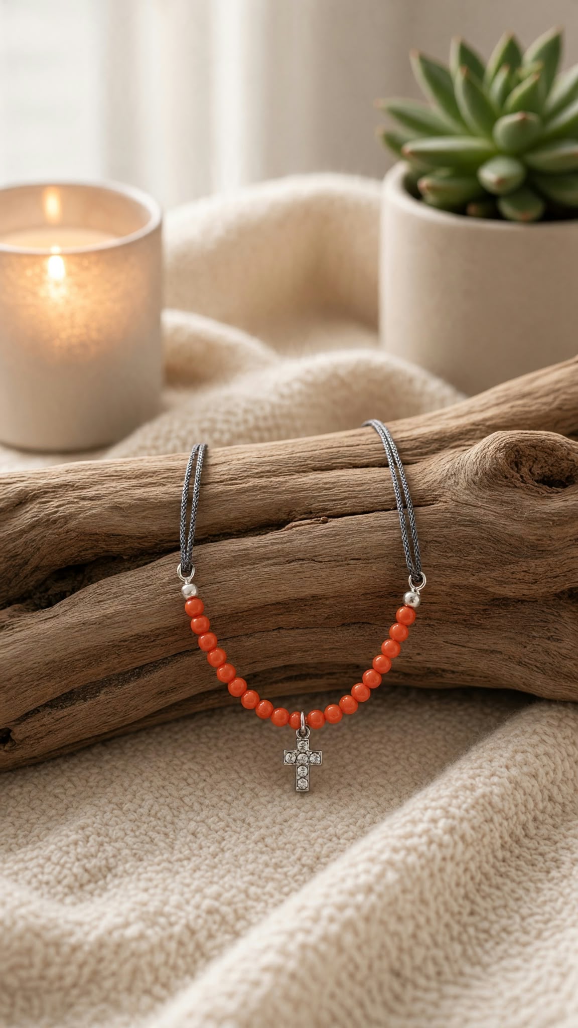 Bracelet cordon noir pailleté argent 925 corail véritable croix
