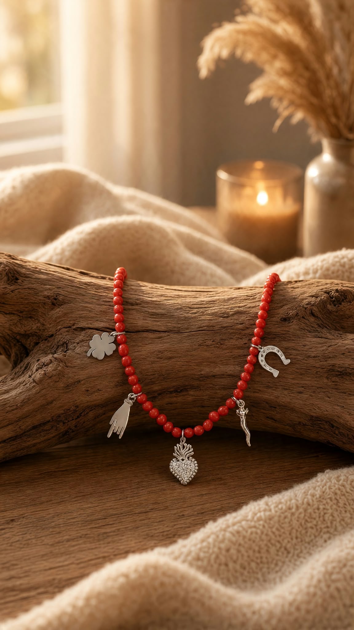 Collier en Corallium rubrum fermoir argent 925 et breloques chance