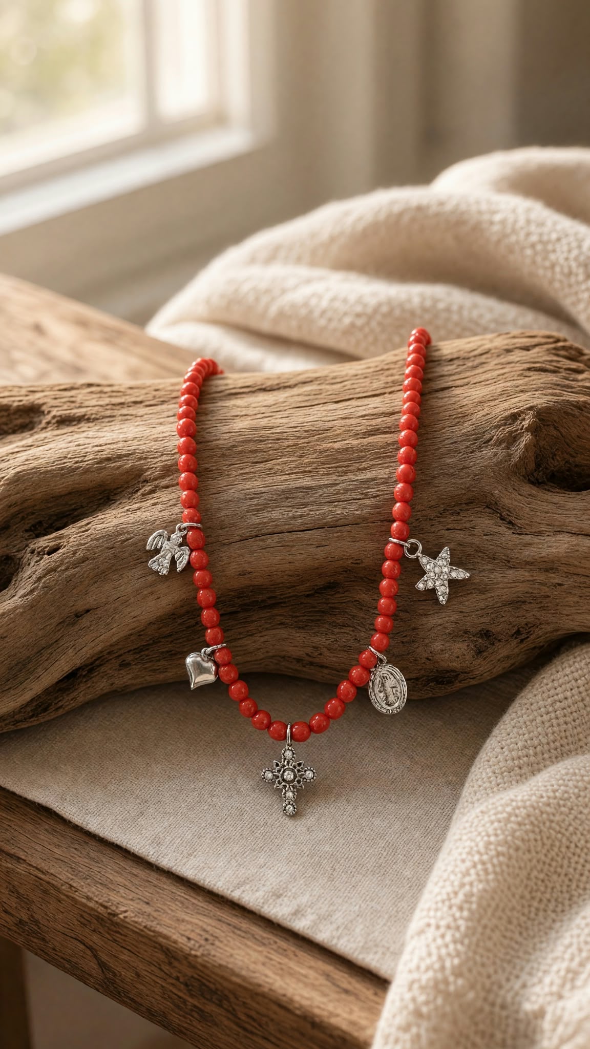 Collier en Corallium rubrum fermoir argent 925 et breloques croix