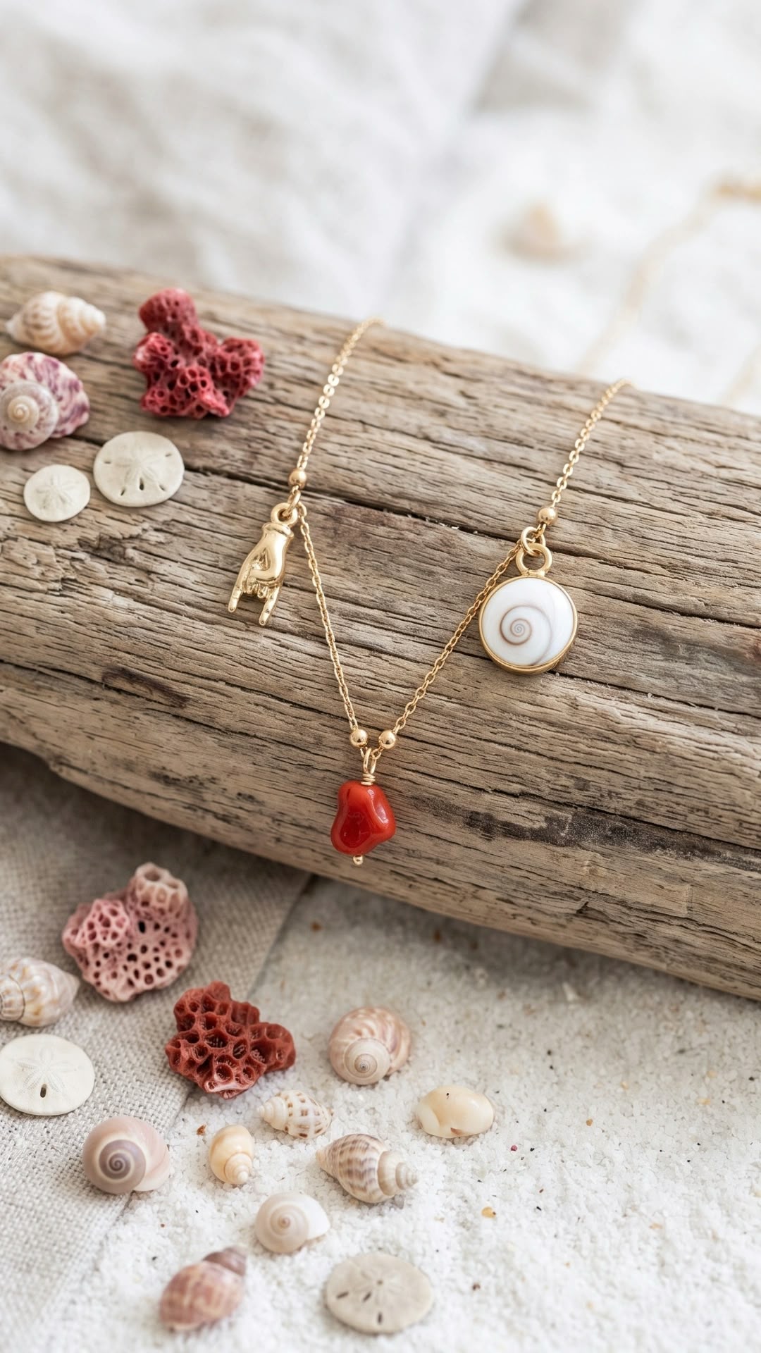 Collier argent 925 doré à l'or fin 18k et corail et oeil de sainte lucie