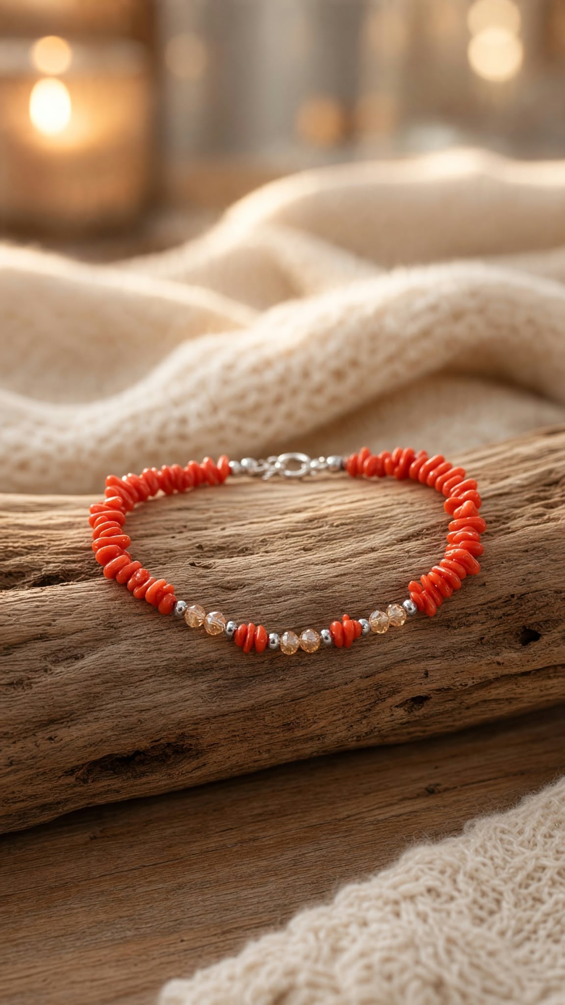 Bracelet argent 925 et corail Corallium rubrum