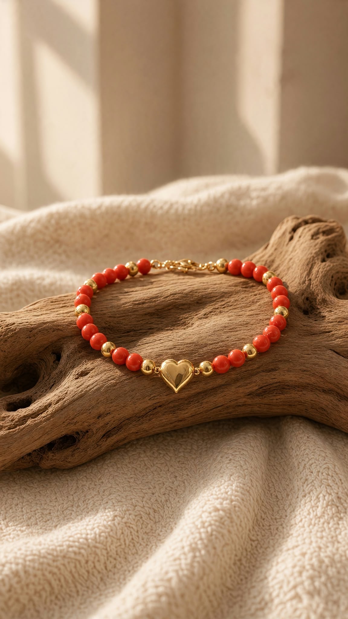 Bracelet argent 925 Coeur doré à l'or fin 18k et corail rouge