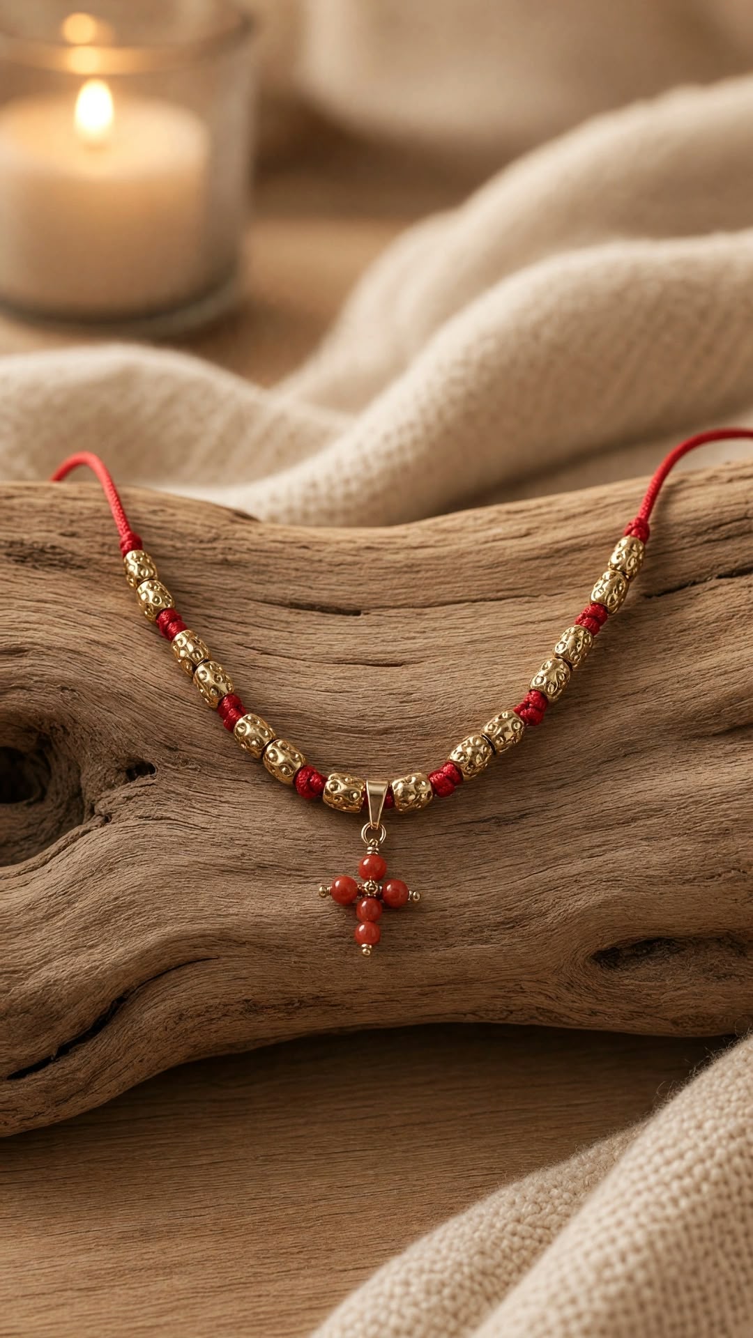 Collier croix en corail rouge véritable sur cordon réglable