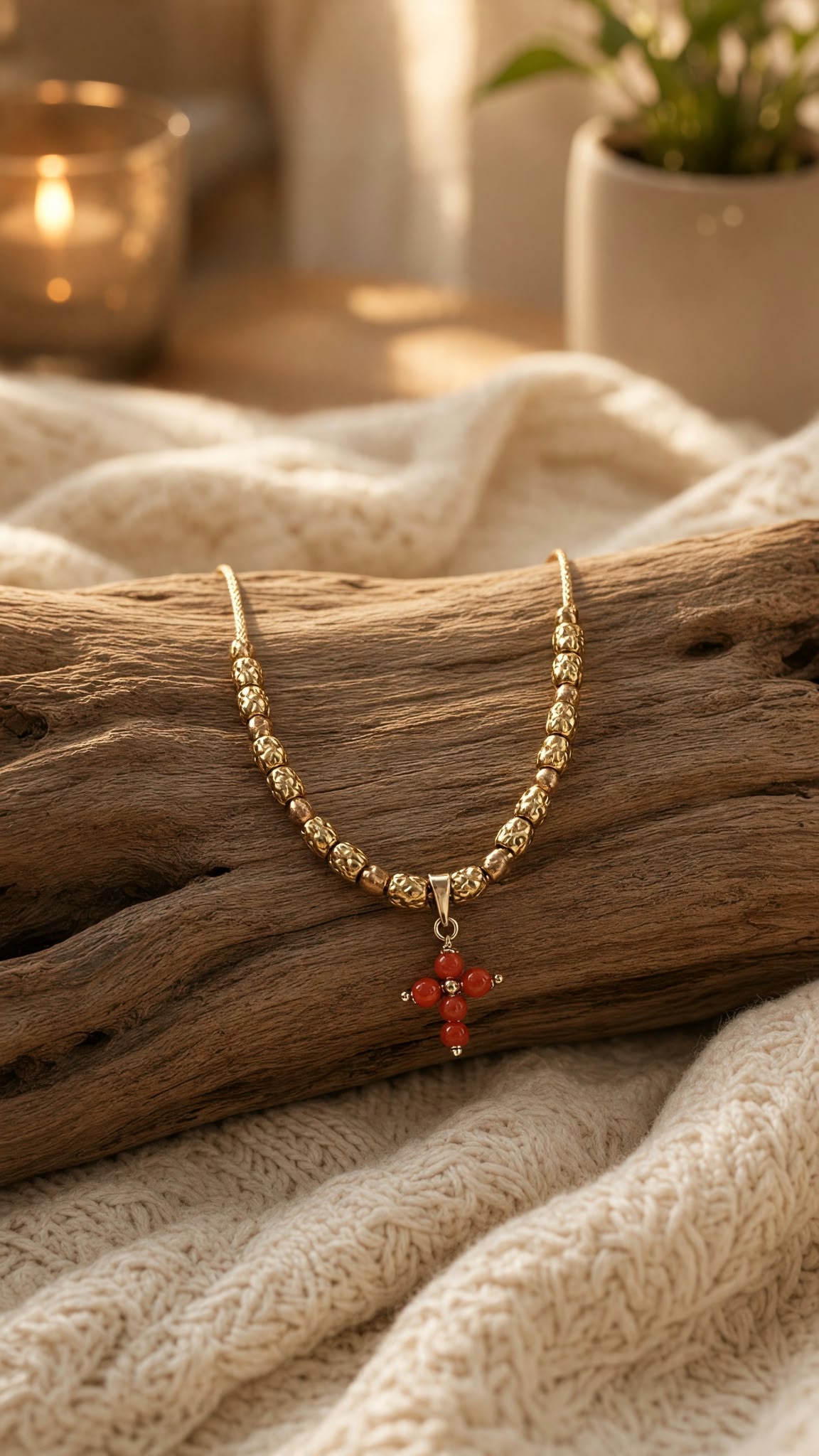 Collier doré en acier inoxydable avec croix en corail rouge véritable et argent 925 doré à l'or fin