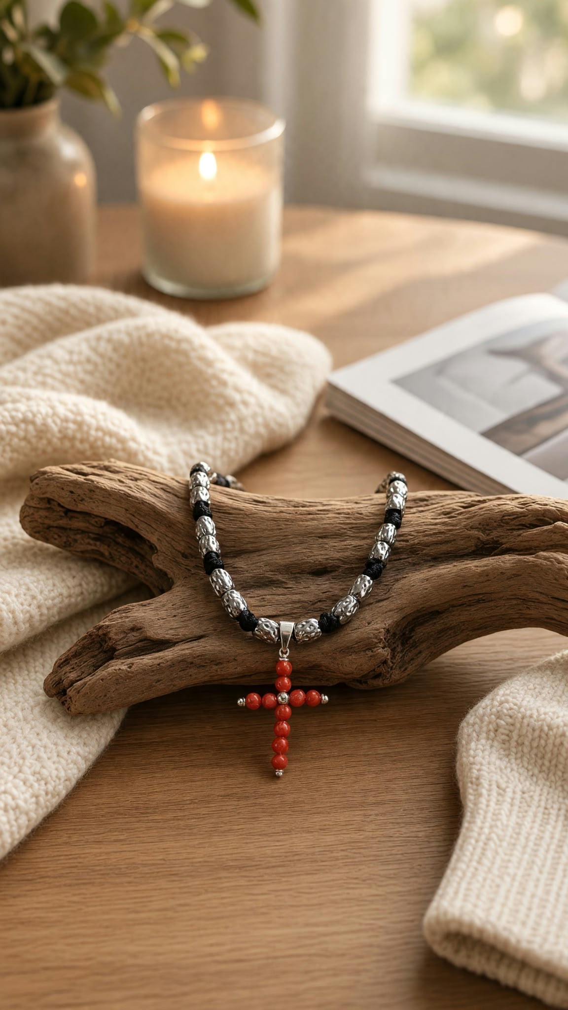 Collier cordon noir réglable avec croix en corail rouge véritable et argent 925