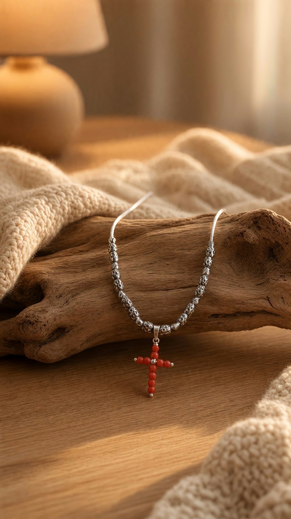 Collier cordon blanc réglable avec pendentif croix en corail rouge véritable et argent 925