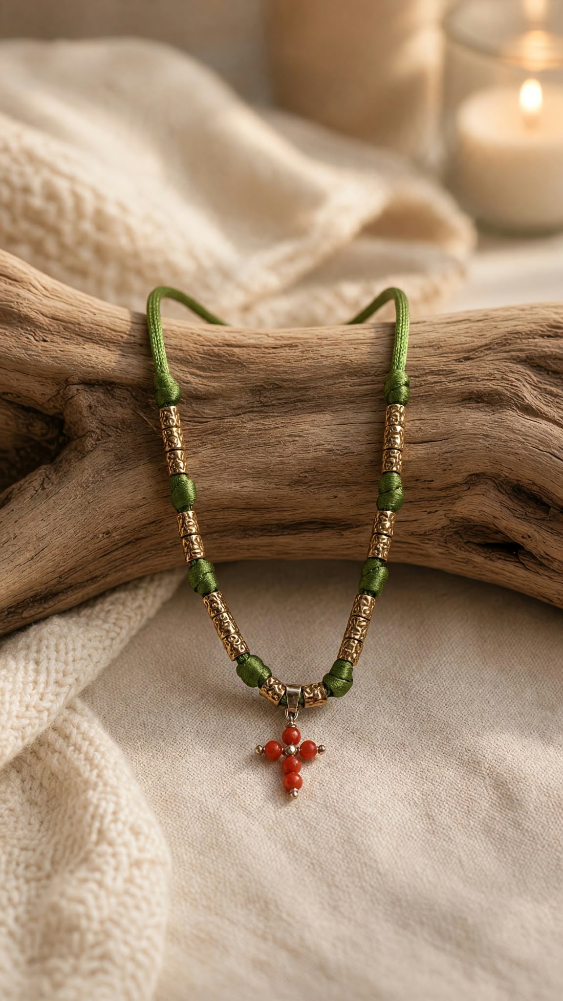 Collier cordon vert réglable avec croix en corail rouge véritable et argent 925 doré à l'or fin