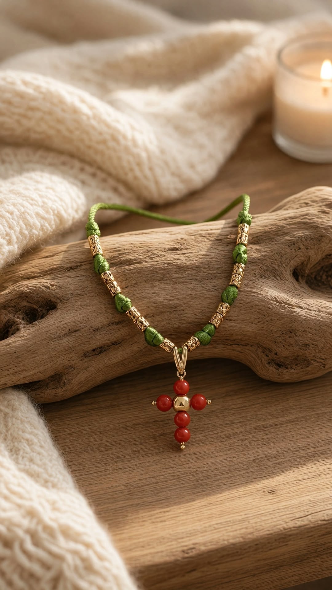 Collier croix en corail rouge et argent 925 doré – Cordon vert