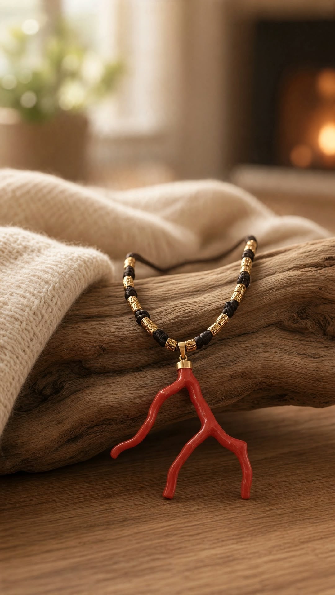 Collier branche de corail rouge véritable sur cordon noir