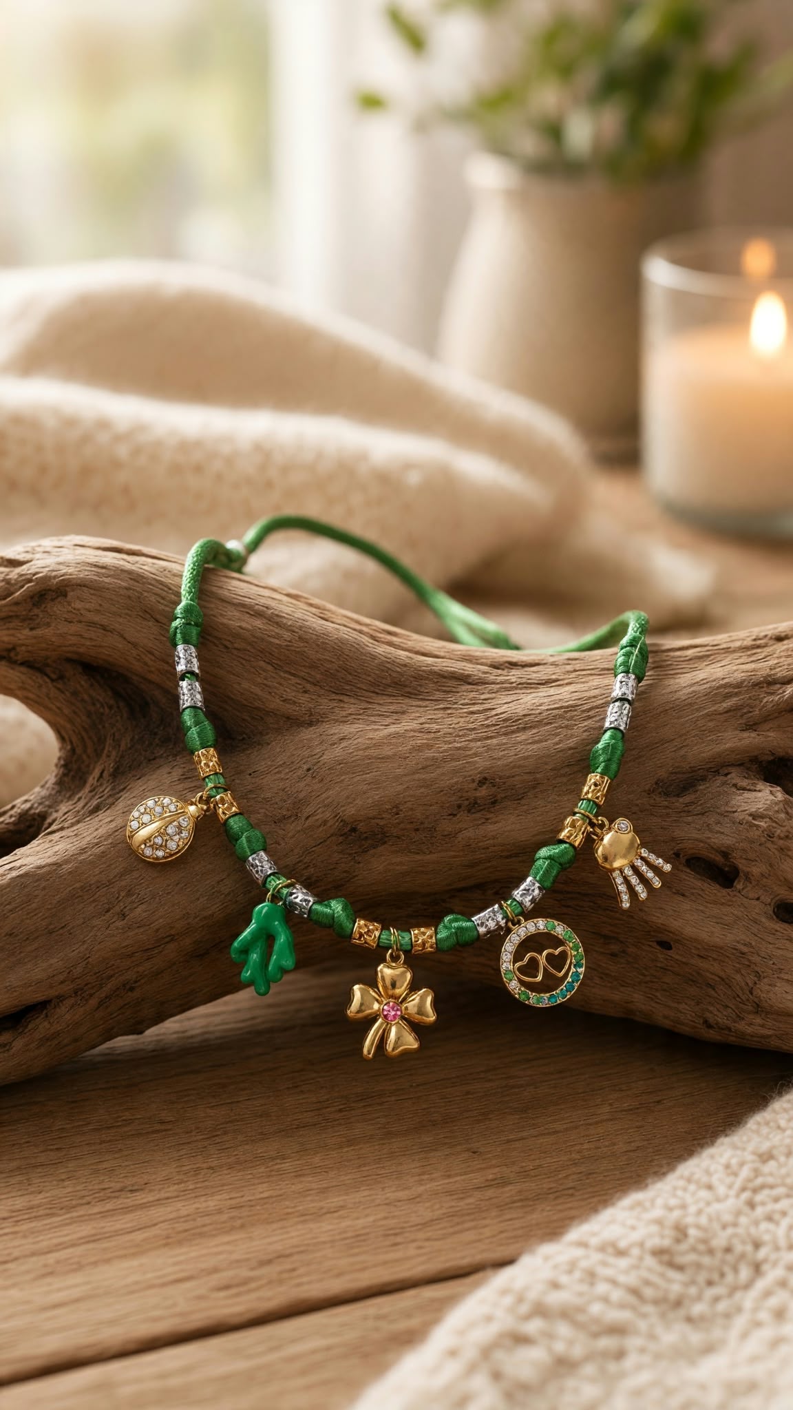Collier porte-bonheur vert à breloques dorées sur cordon réglable