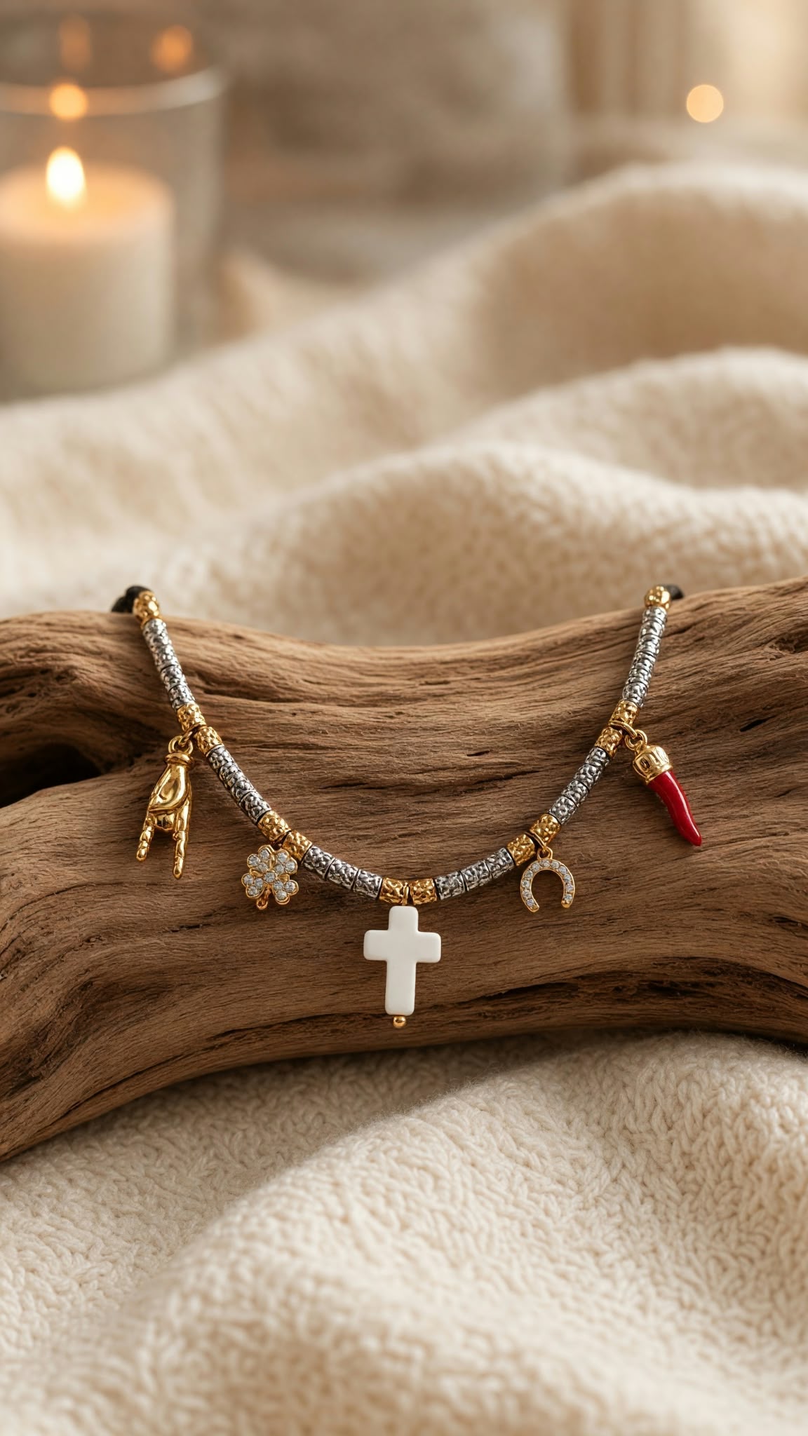 Collier porte-bonheur à breloques et croix blanche sur cordon noir