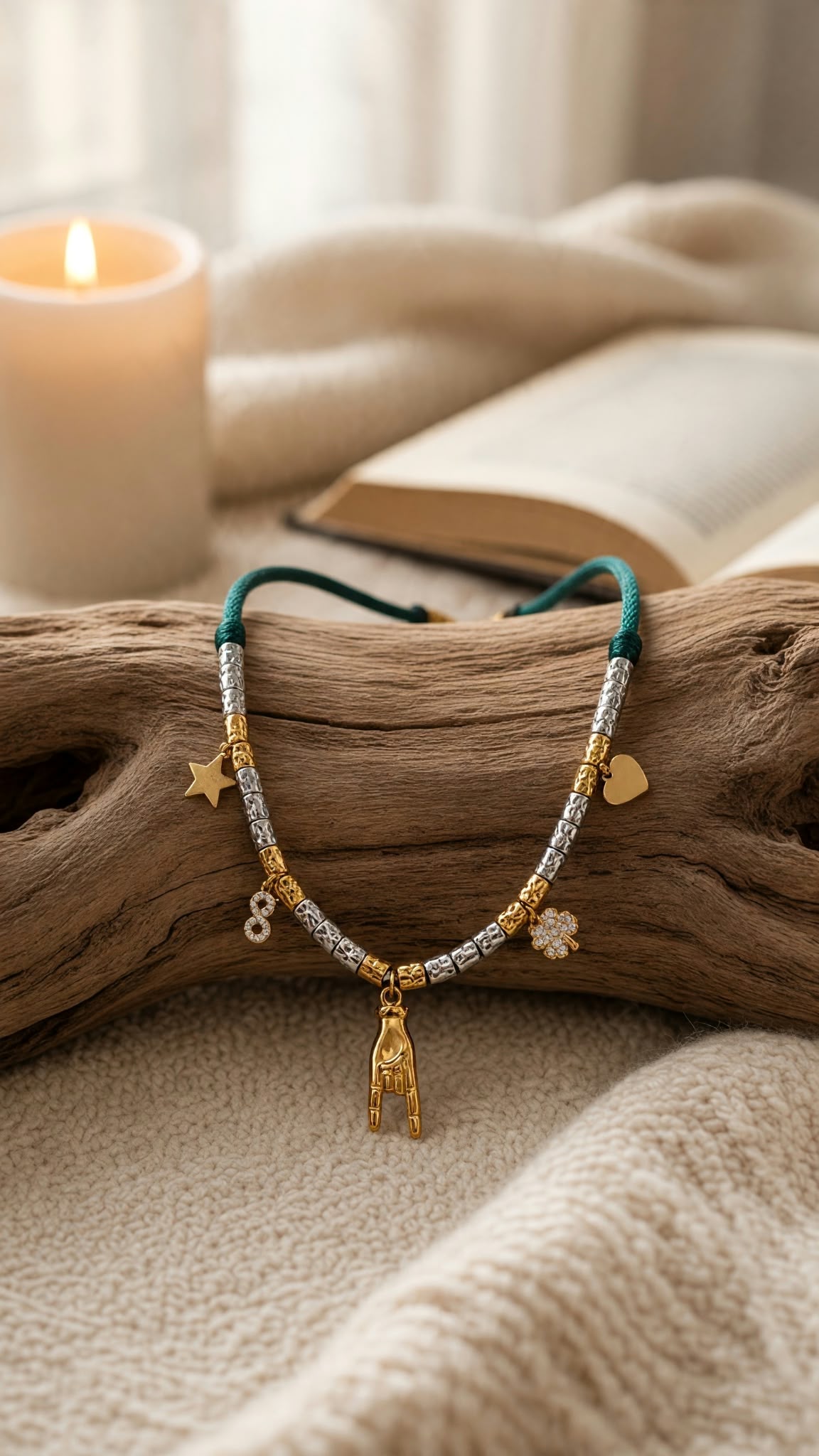 Collier porte-bonheur à breloques dorées sur cordon vert