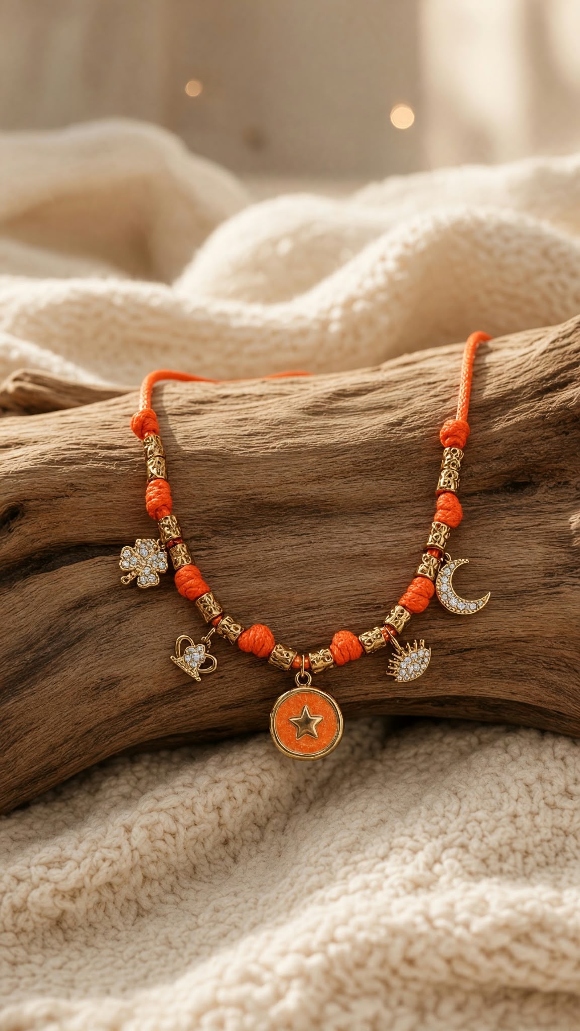 Collier porte-bonheur orange à breloques dorées et étoile