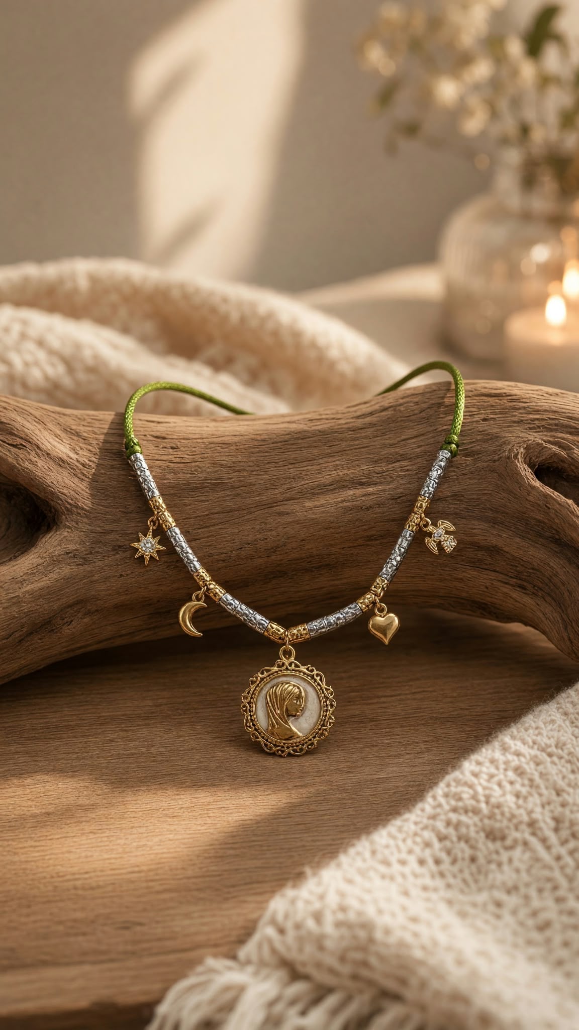 Collier Vierge Marie doré à breloques sur cordon vert