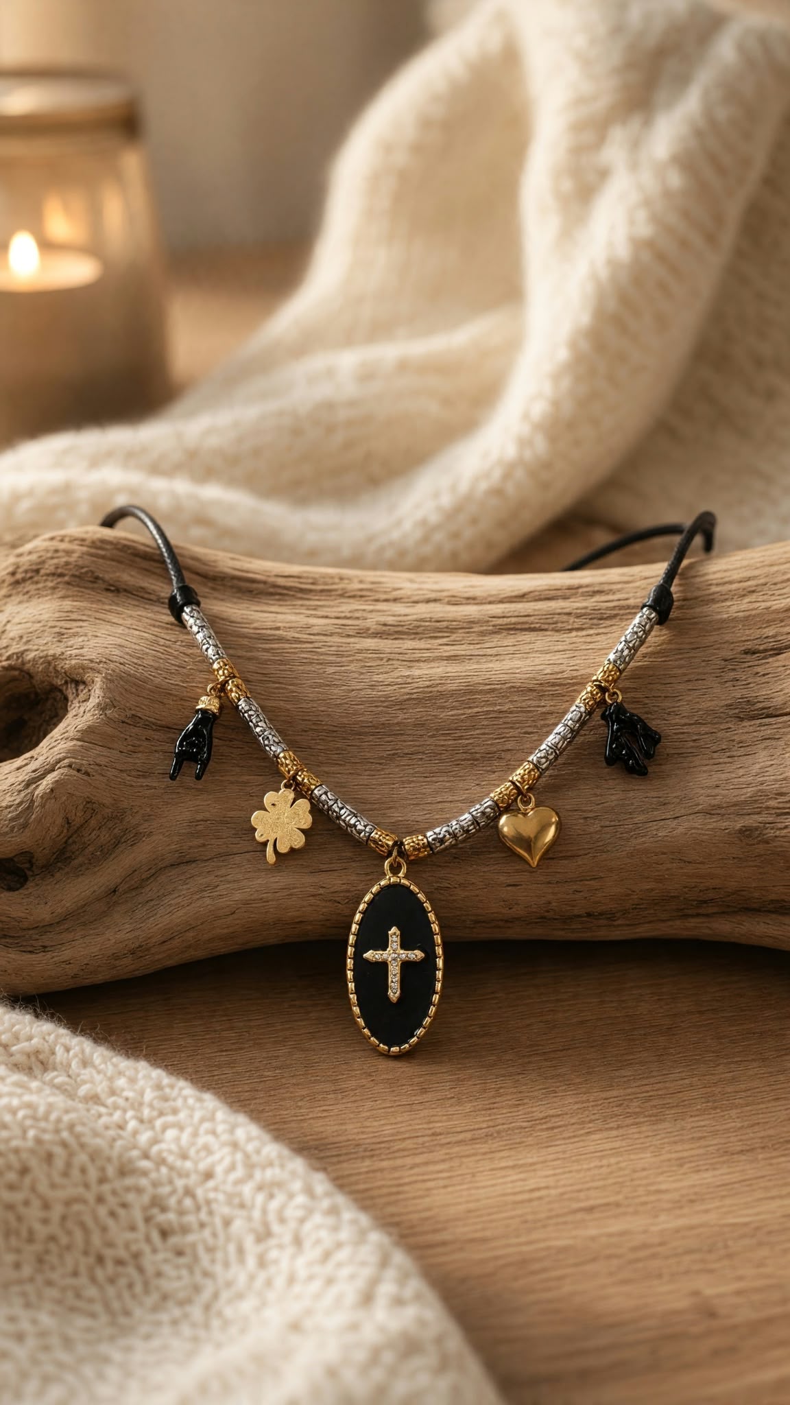 Collier porte-bonheur noir à médaille croix et breloques dorées