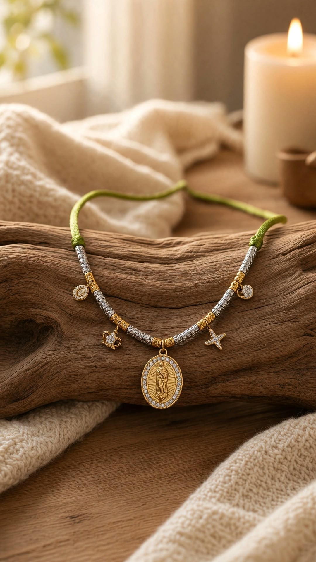 Collier Vierge Marie dorée à breloques sur cordon vert