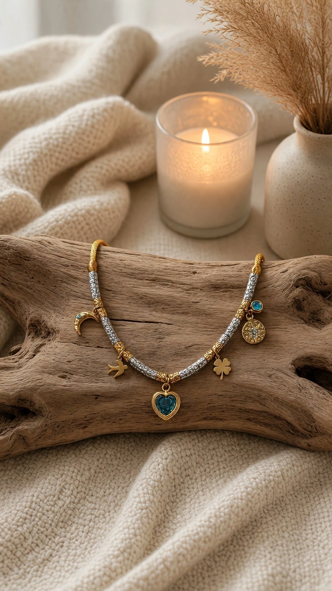 Collier porte-bonheur doré à cœur bleu et breloques