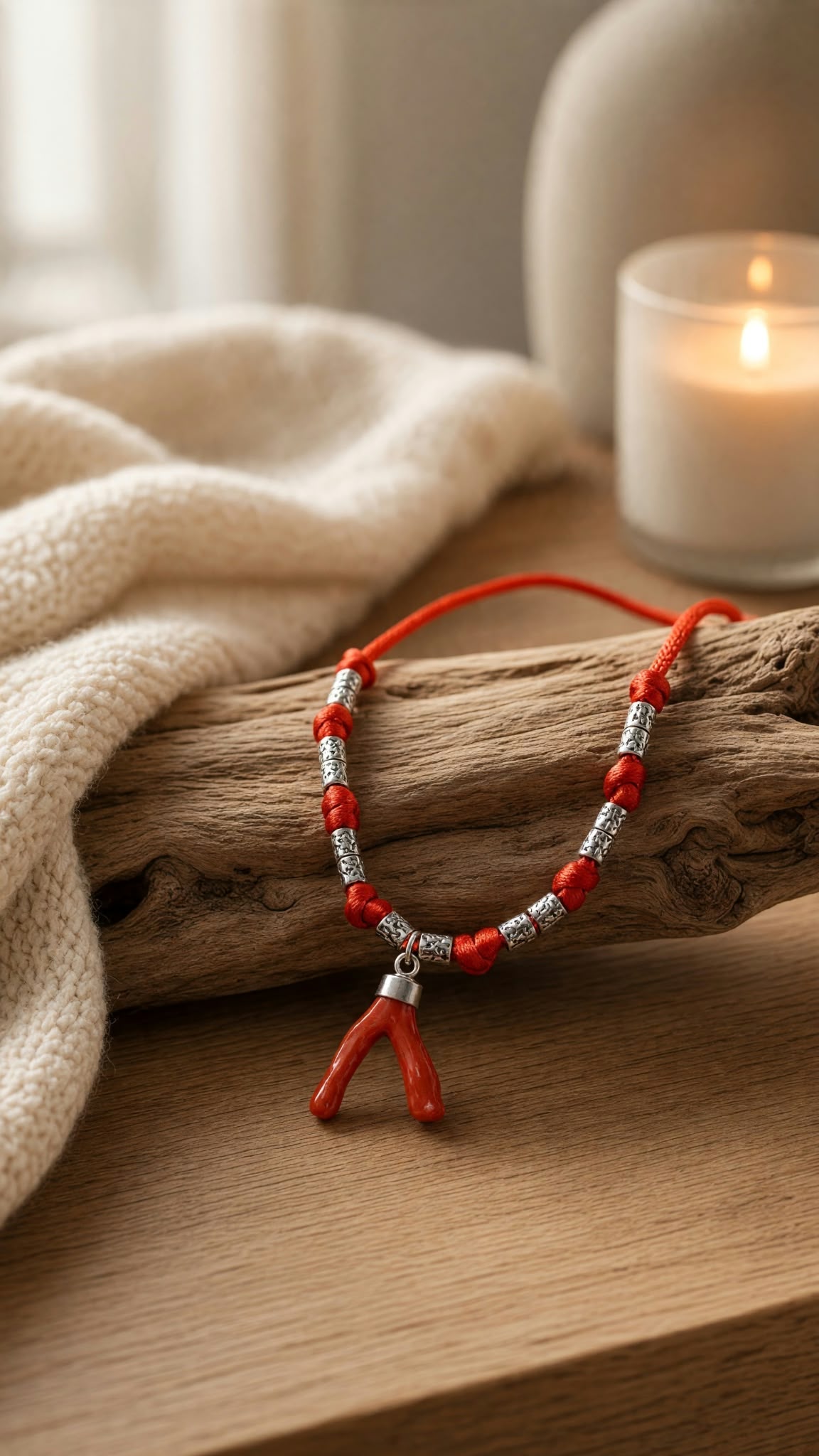Collier branche de corail rouge véritable sur cordon réglable