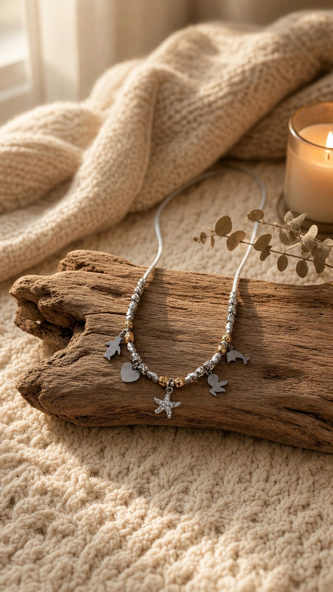 Collier cordon gris à étoile de mer et breloques argentées