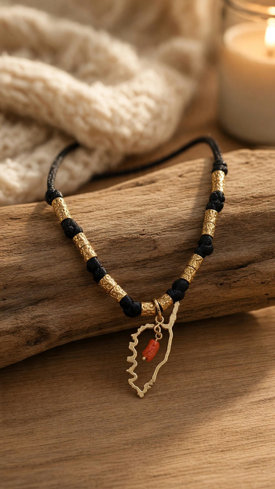 Collier Corse doré avec pendentif corail véritable sur cordon noir