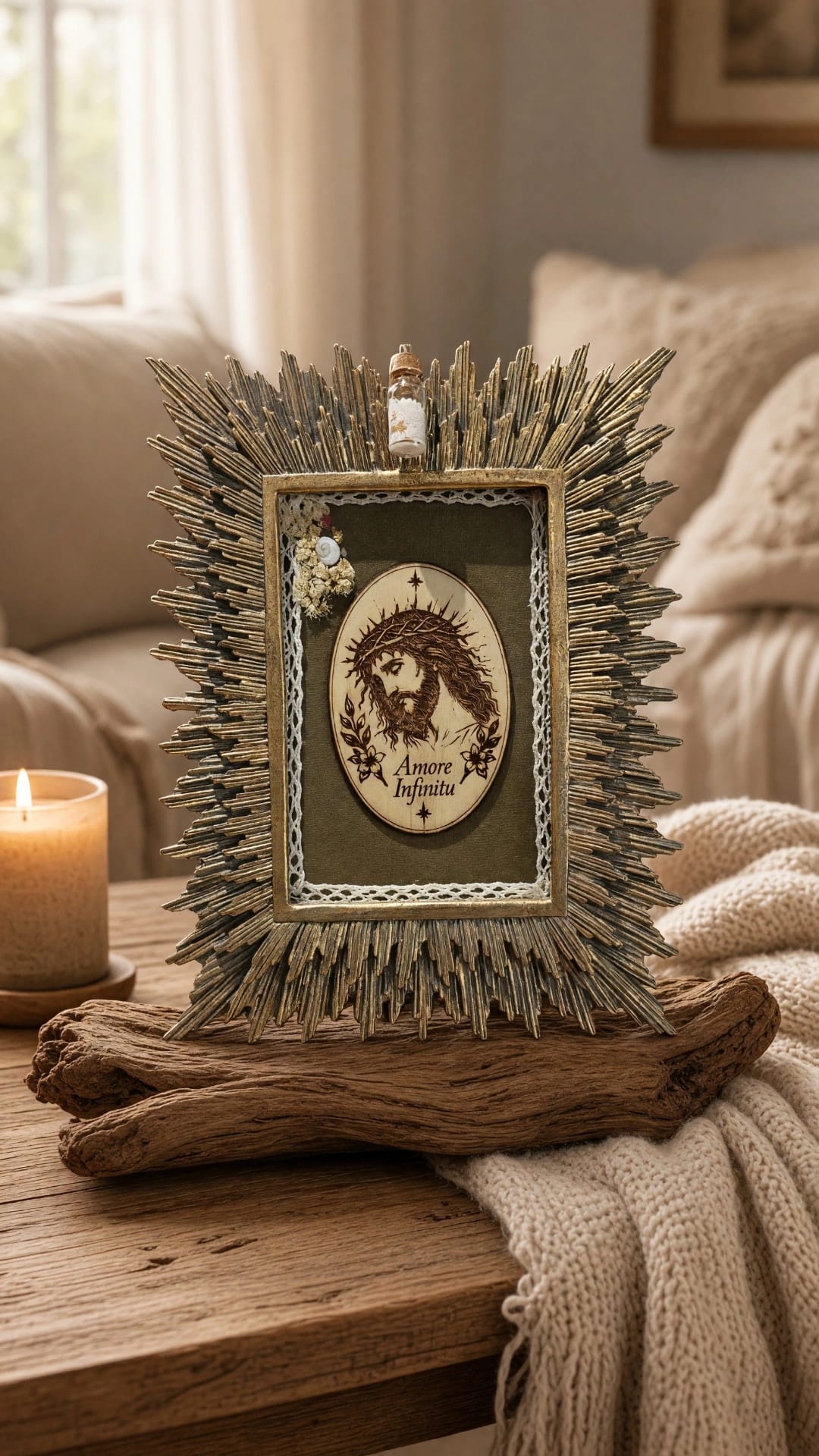 Cadre rayonnant doré Amore Infinitu Christ à la couronne d’épines dentelle et fleurs séchées