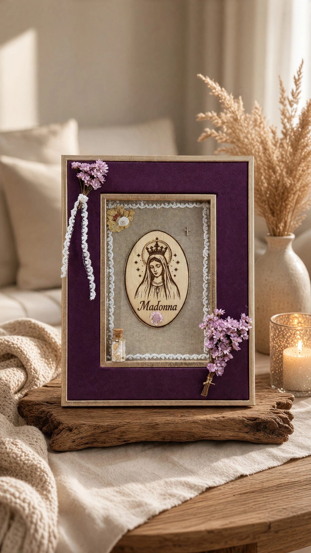 Cadre violet Madonna Vierge couronnée dentelle et fleurs séchées
