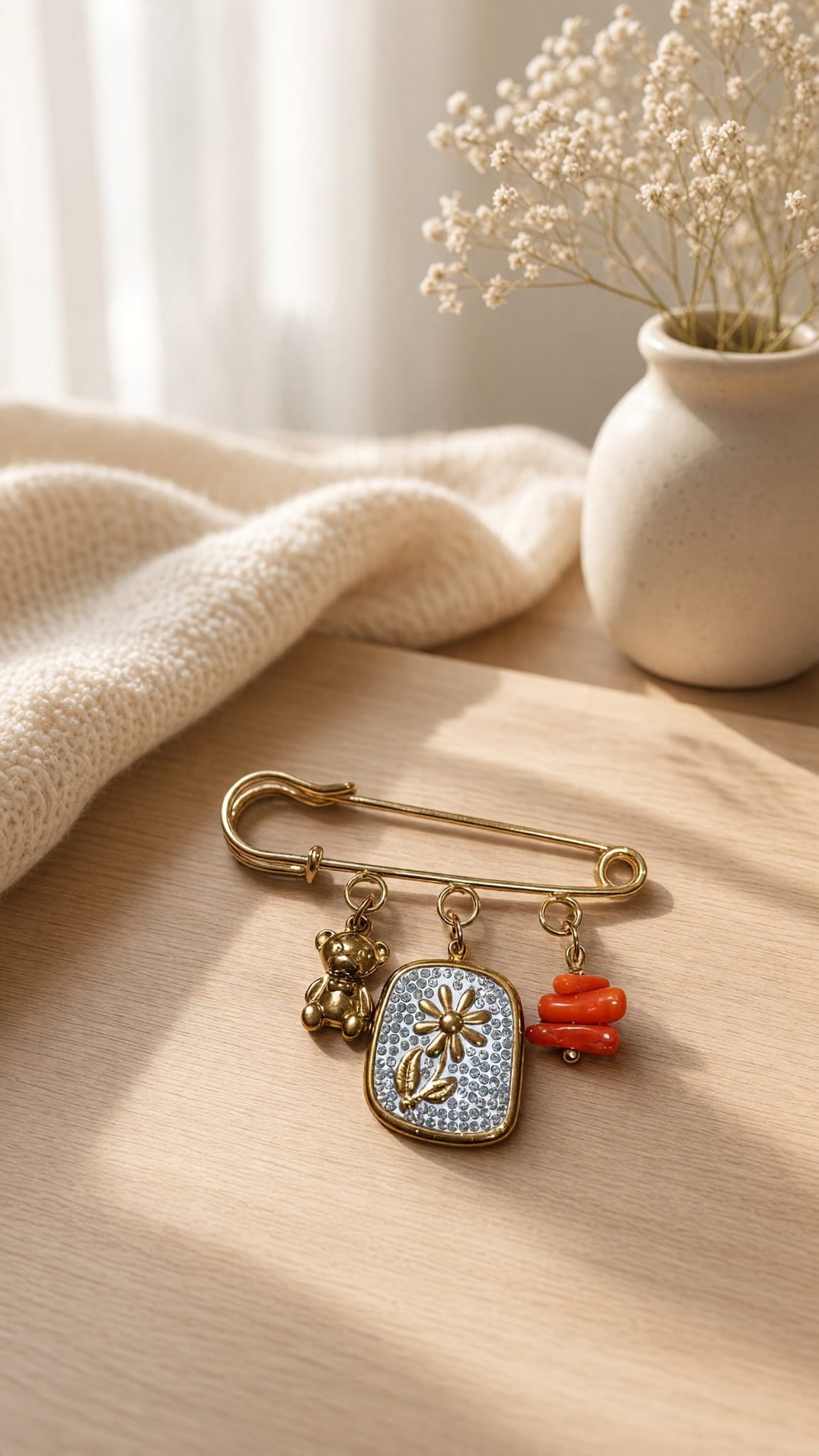 Broche ourson, fleur et corail véritable
