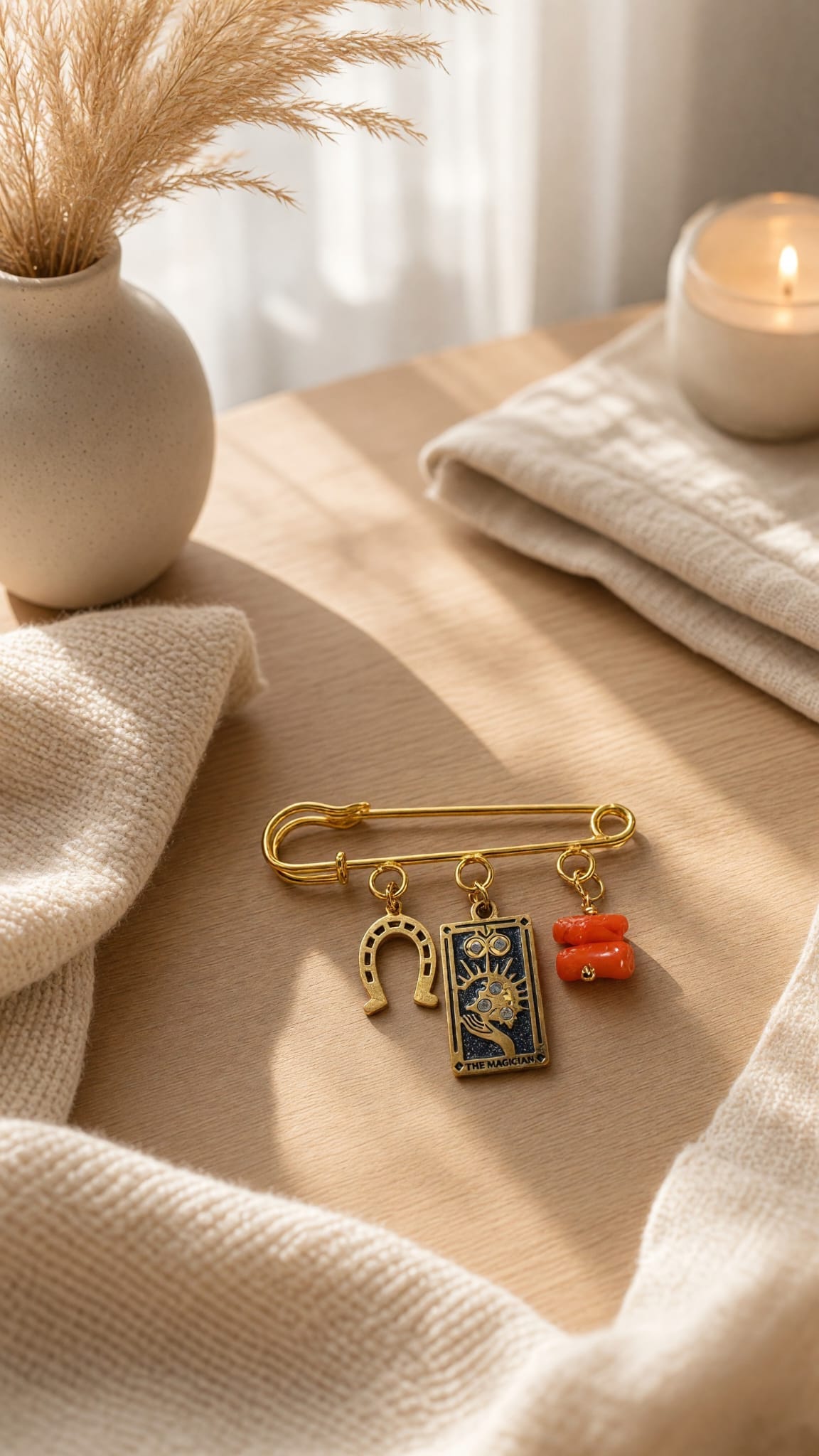 Broche dorée fer à cheval et tarot avec corail véritable