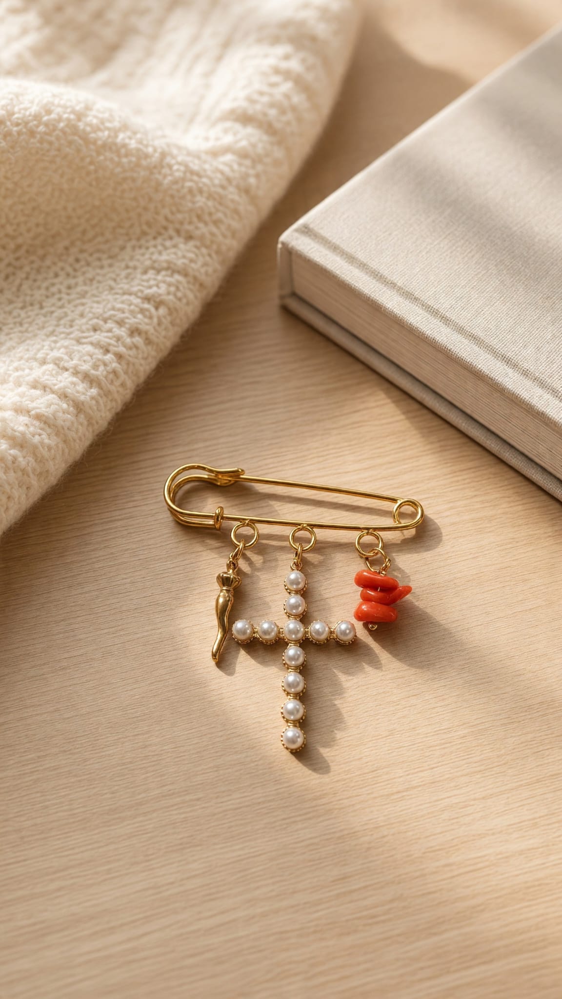 Broche dorée croix perlée, corne et corail véritable