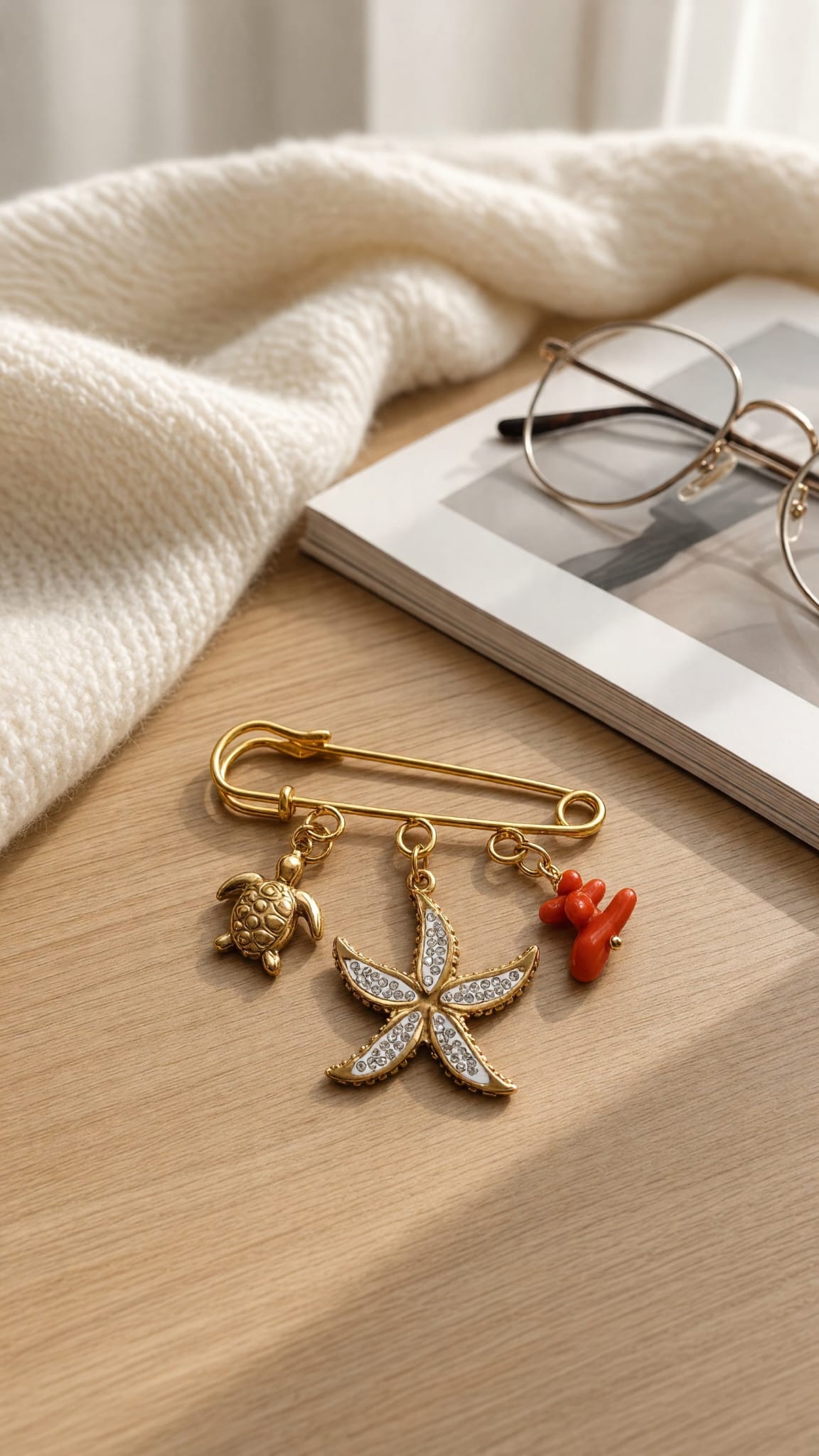 Broche dorée tortue marine, étoile de mer et corail véritable