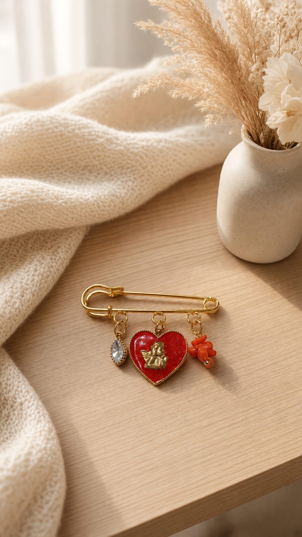 Broche dorée cœur rouge ange protecteur et corail véritable