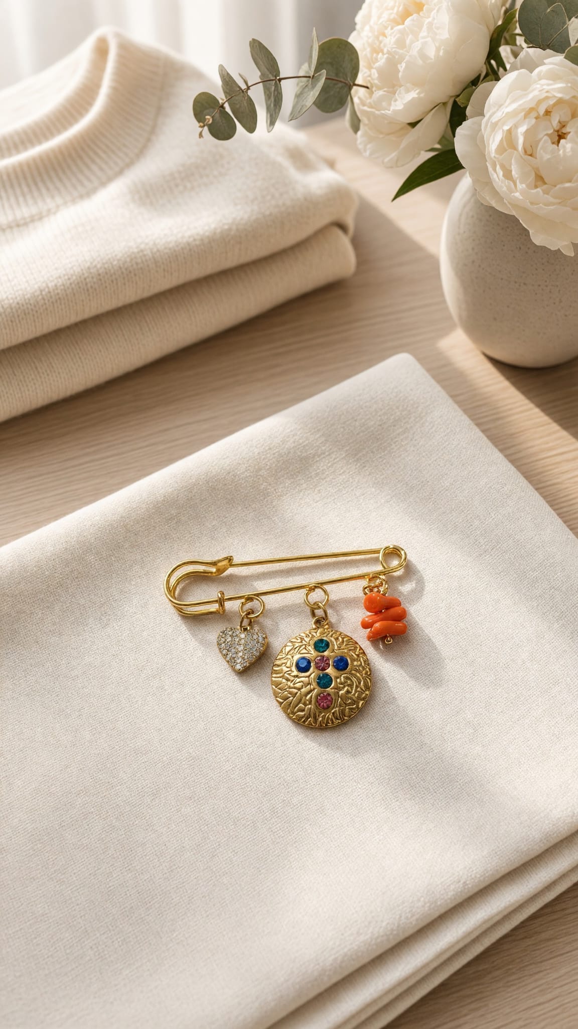 Broche dorée médaille multicolore, cœur et corail véritable