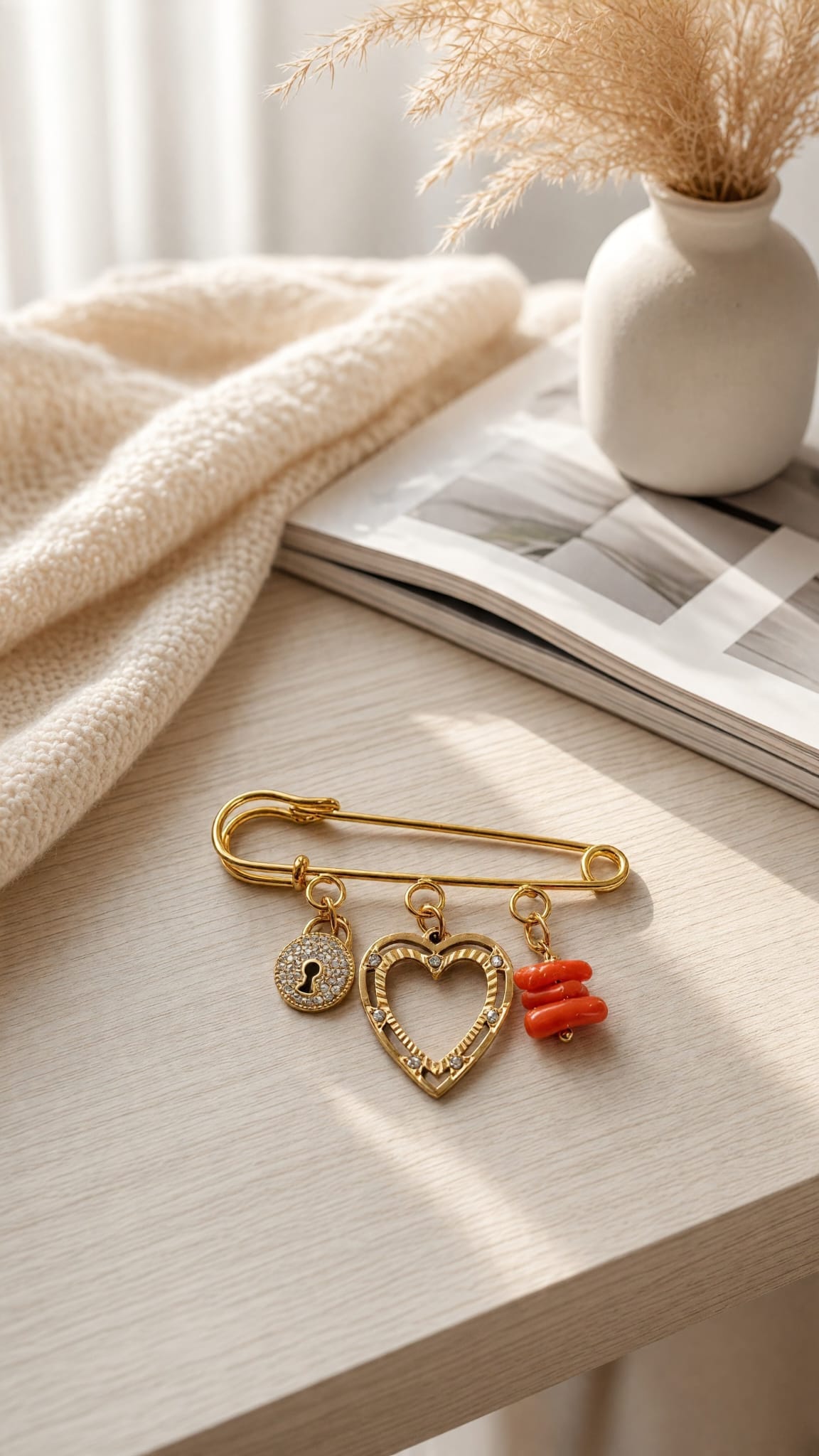 Broche acier inoxydable cœur ajouré, cadenas et corail véritable
