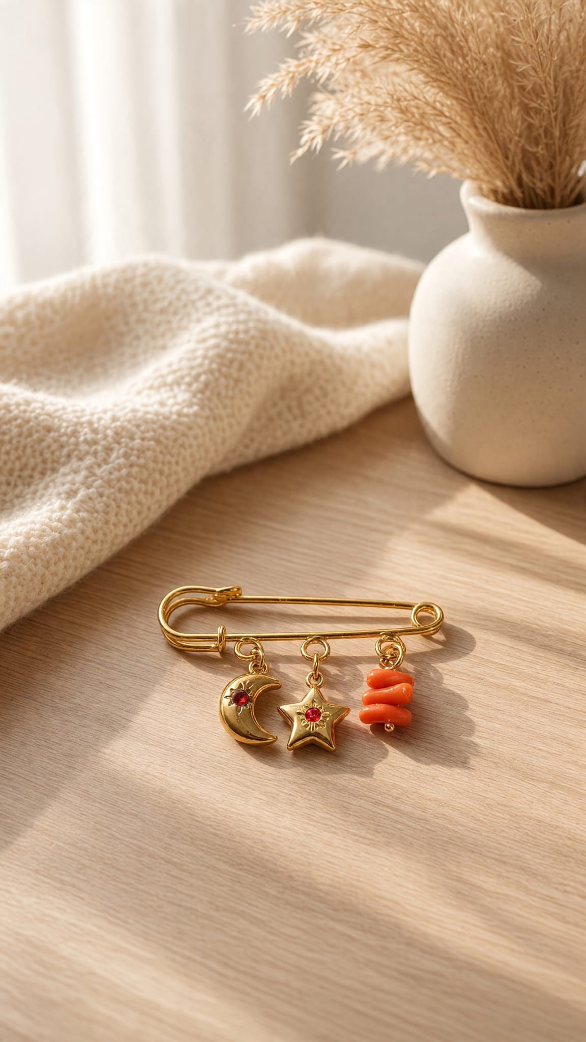 Broche acier inoxydable lune, étoile et corail véritable