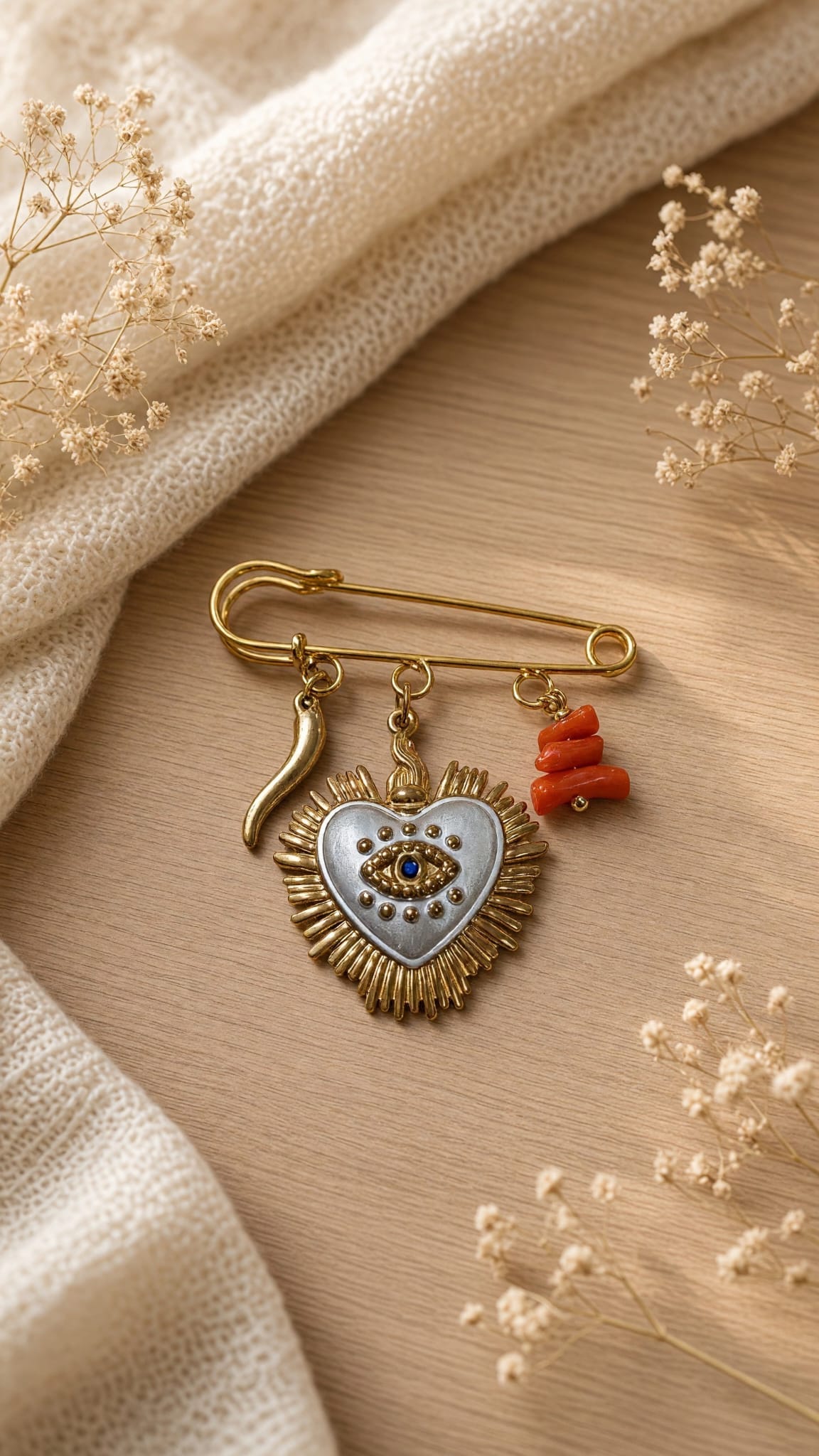 Broche acier inoxydable cœur ex-voto, corne et corail véritable