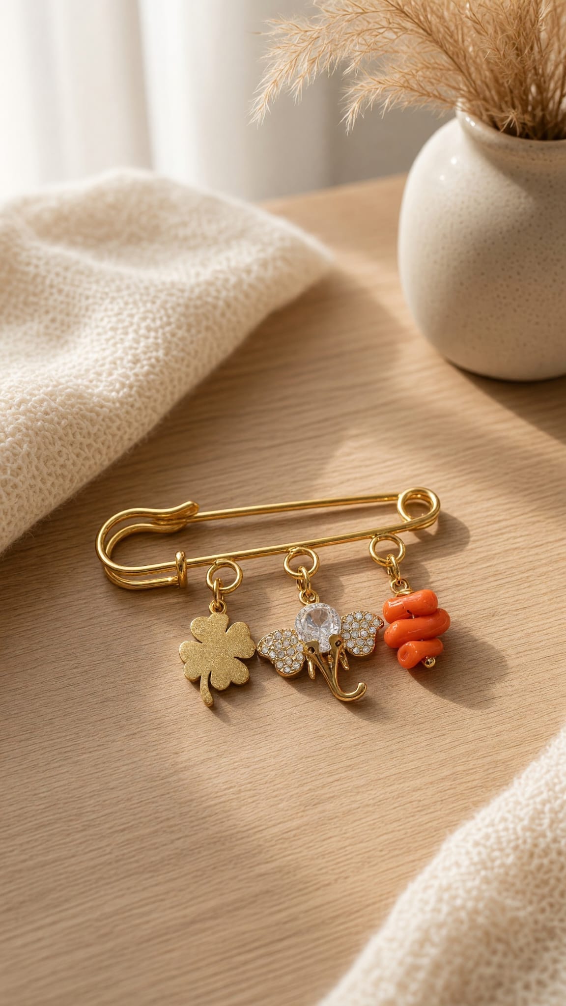 Broche corail véritable de Corse, trèfle et éléphant porte-bonheur