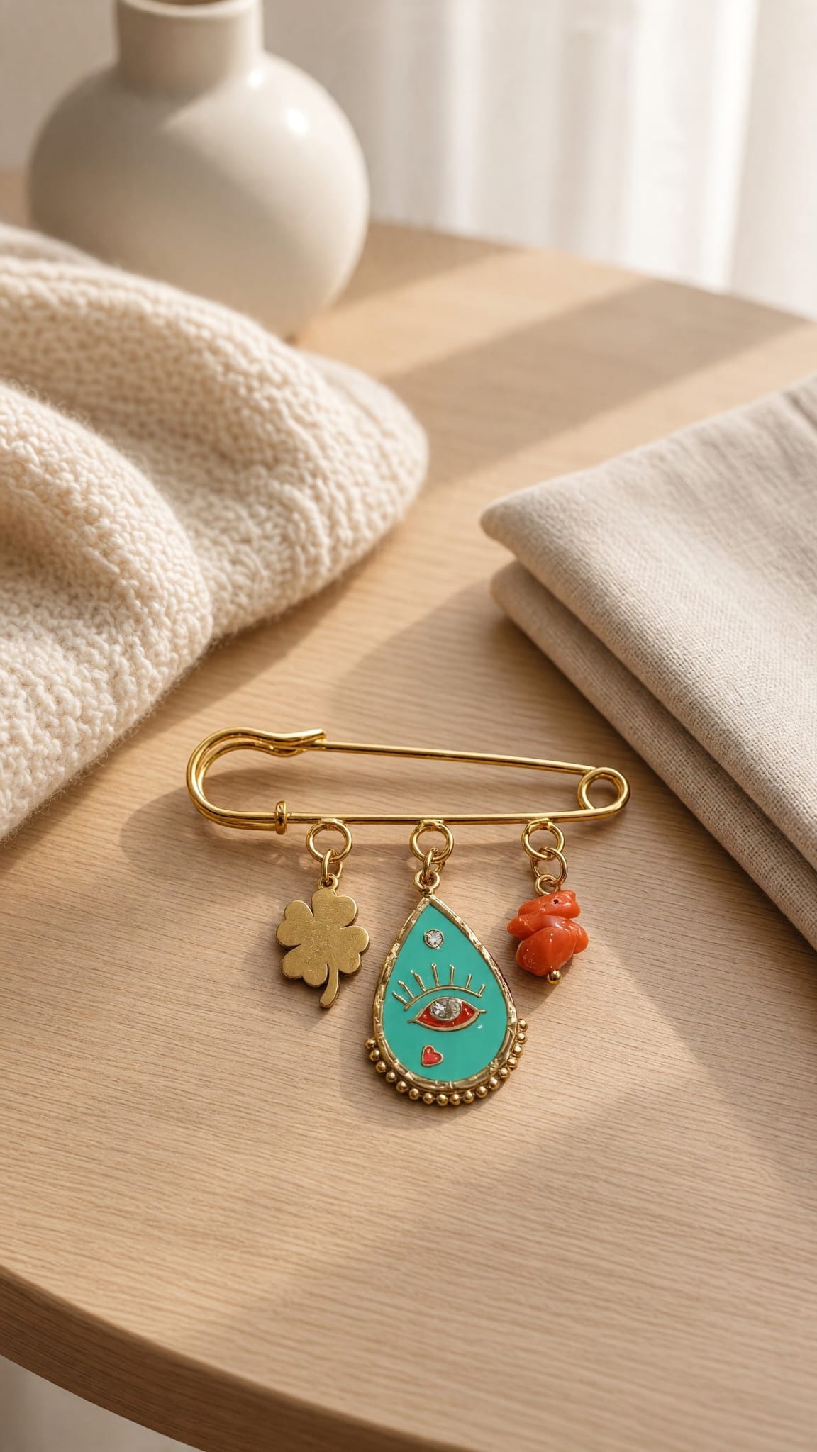 Broche porte-bonheur corse en acier inoxydable œil turquoise et corail véritable