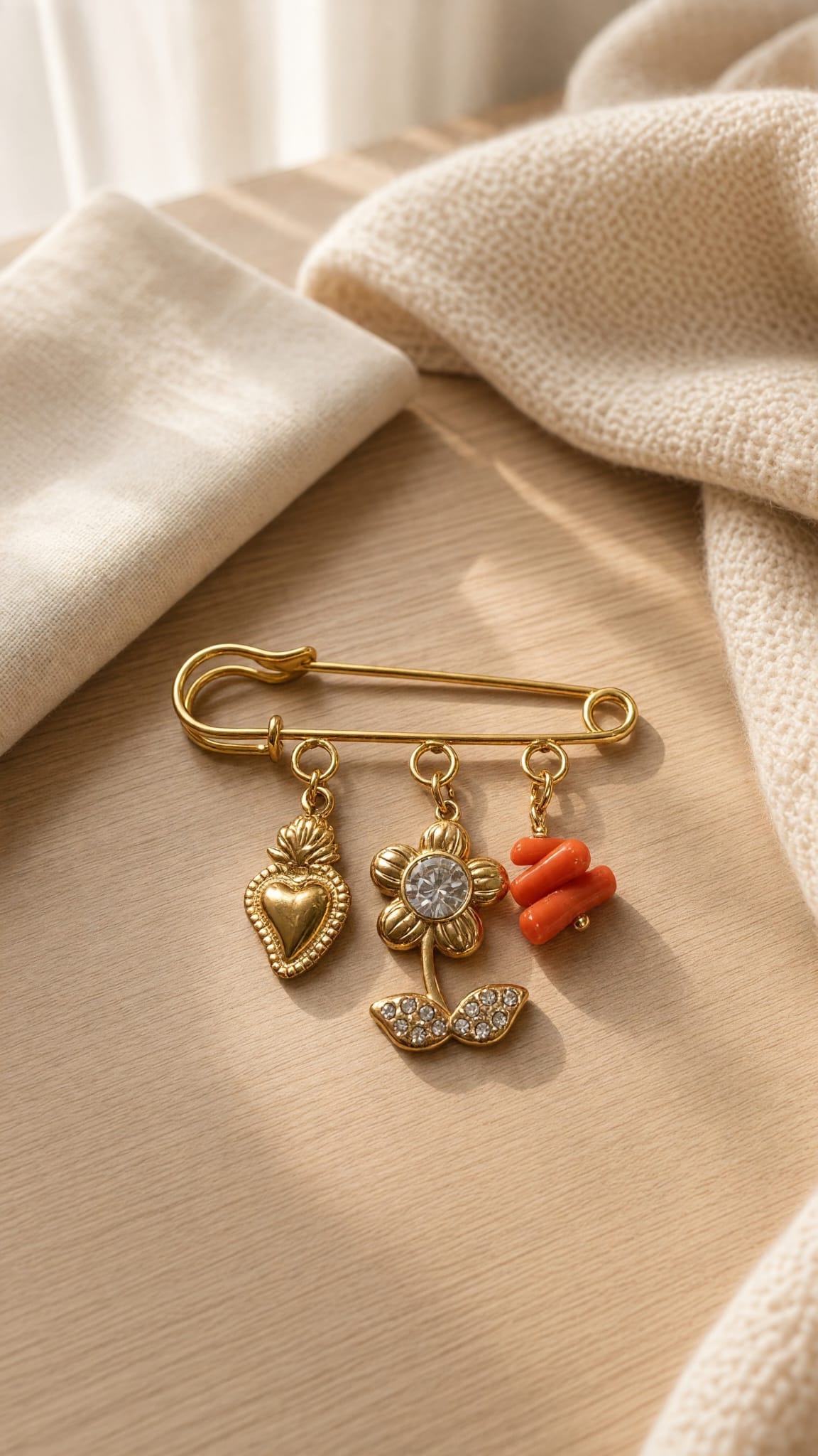 Broche fleur et cœur sacré en acier inoxydable et corail véritable, bijou corse