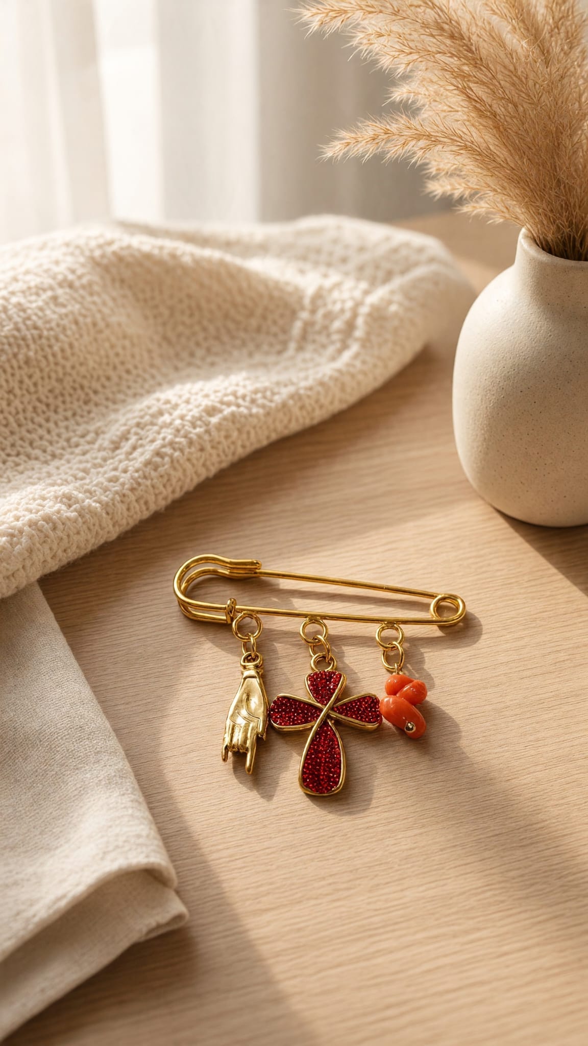 Broche croix rouge et corail véritable - bijou corse