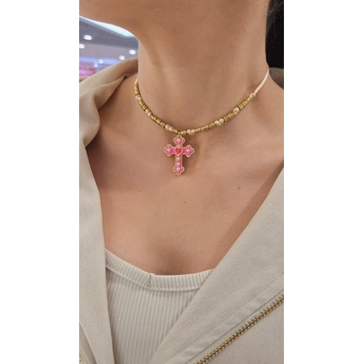 collier femme breloque porte-bonheur croix rose
