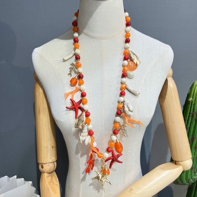 Sautoir fantaisie tendance étoile orange et rouge